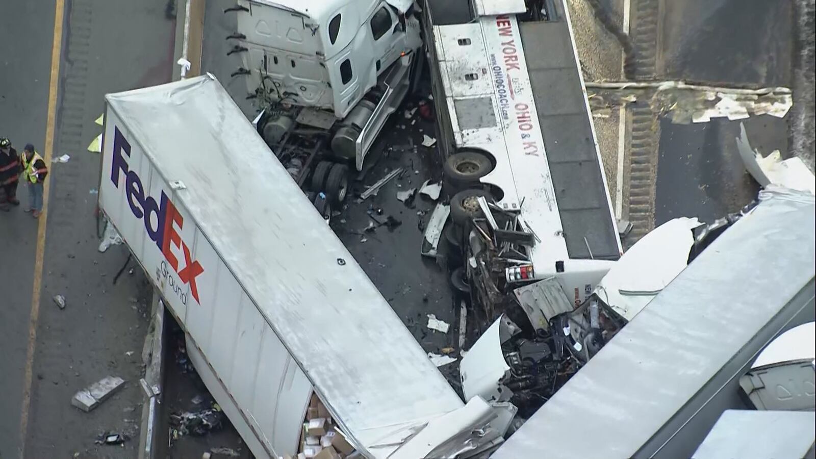 This image from video provided by KDKA TV shows the scene near Greensburg, Pa. along the Pennsylvania Turnpike where 5 peole were killed and more than 50 were injured in a crash early Sunday, Jan. 5, 2020 that involved a motorcoach bus, two semi-tractor trailers and a car, a transportation official said. (KDKA TV via AP)