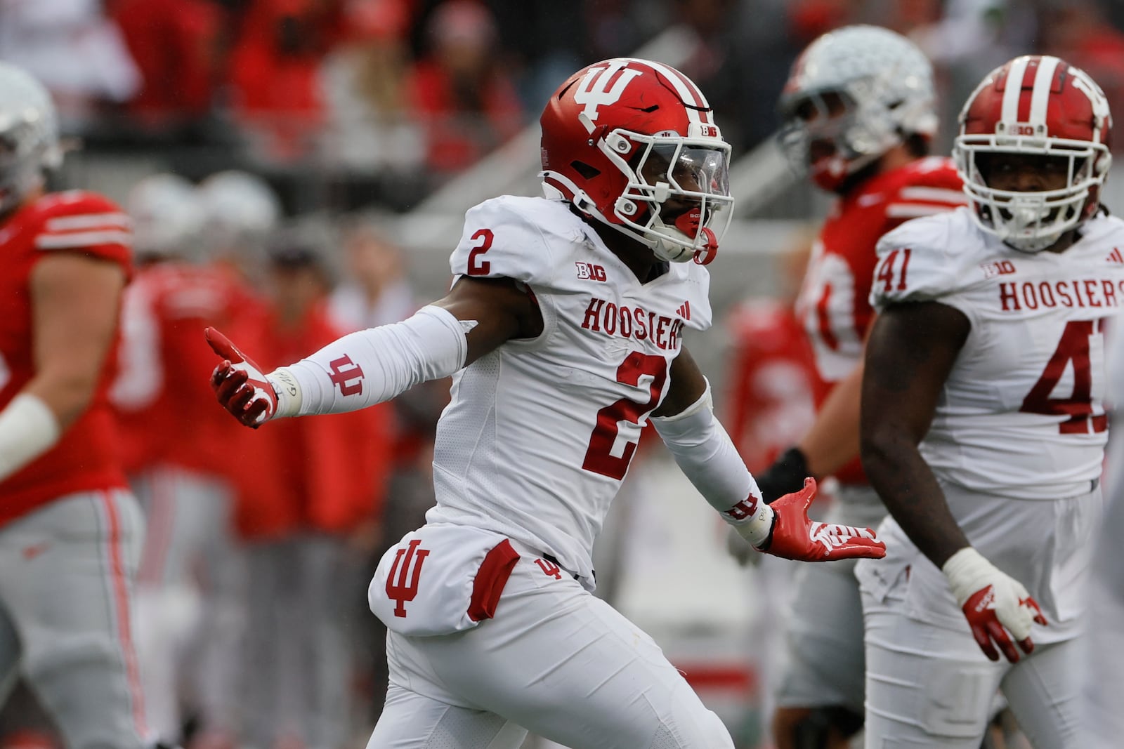 Indiana linebacker Jailin Walker celebrates his interception against Ohio State during the first half of an NCAA college football game Saturday, Nov. 23, 2024, in Columbus, Ohio. (AP Photo/Jay LaPrete)