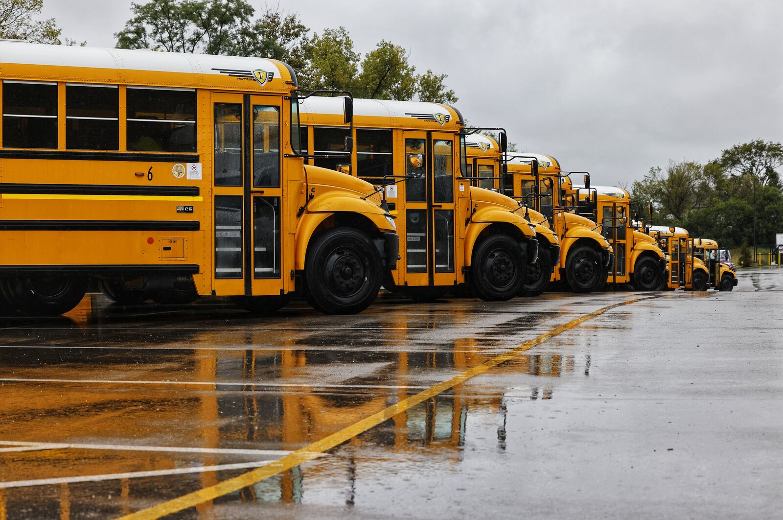 Buses line up to pick up students at Middletown High School Wednesday, Sept. 22, 2021. Schools around the area are facing a shortage of bus drivers. NICK GRAHAM / STAFF