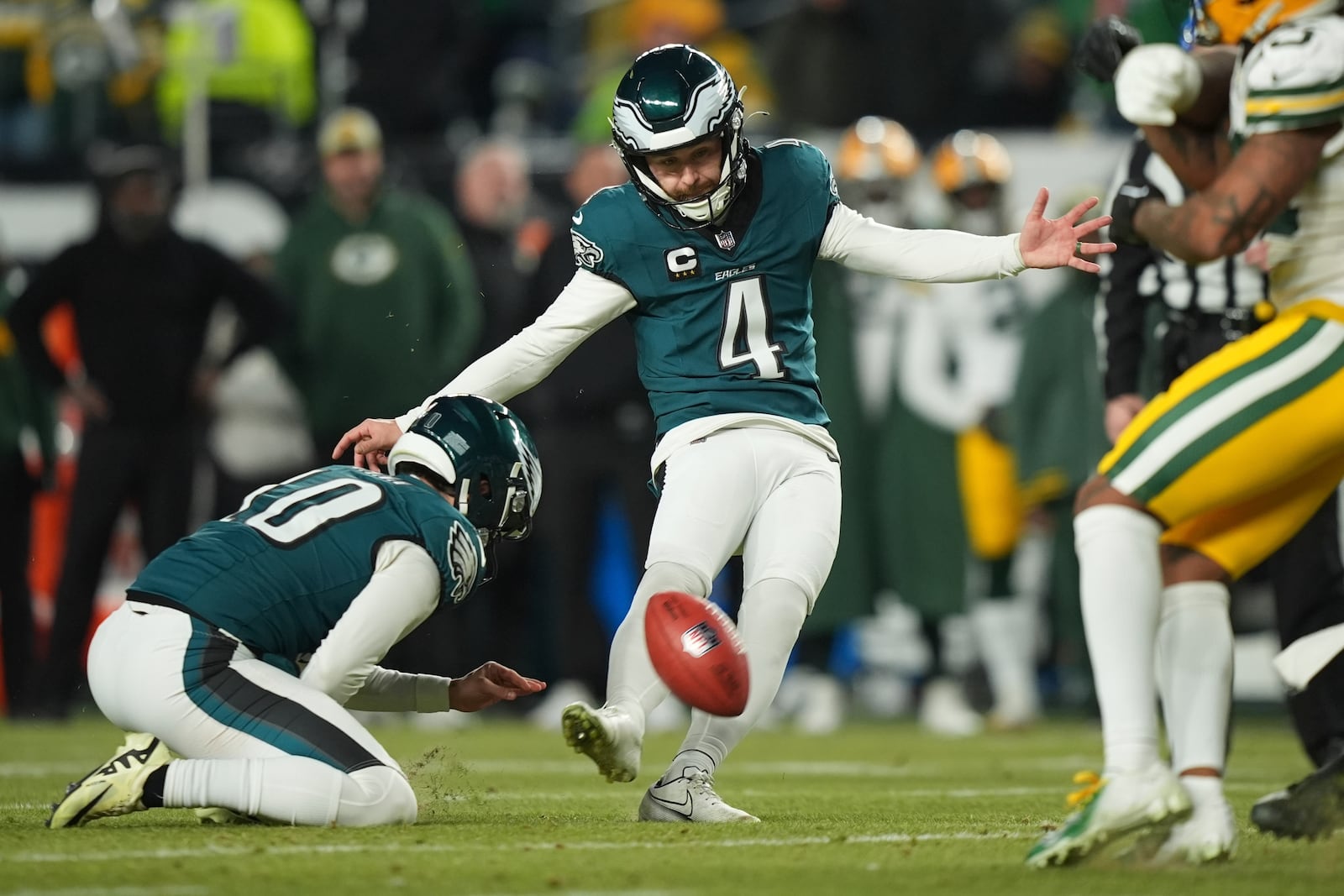 Philadelphia Eagles' Jake Elliott (4) kicks a field goal during the second half of an NFL wild-card playoff football game against the Green Bay Packers on Sunday, Jan. 12, 2025, in Philadelphia. (AP Photo/Matt Slocum)