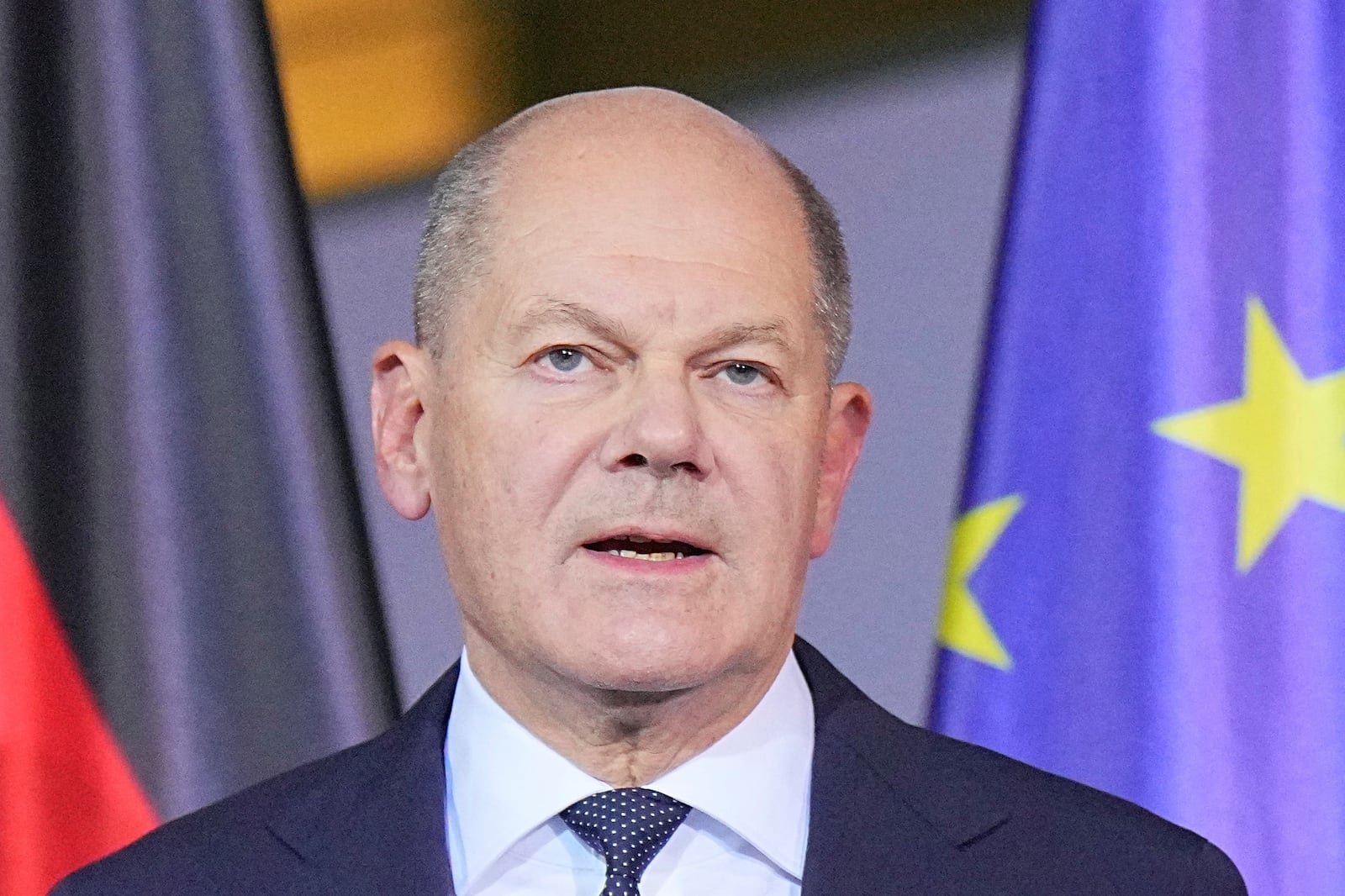 German Chancellor Olaf Scholz speaks after a crisis meeting of the coalition committee in Berlin, Germany, Wednesday, Nov. 6, 2024. (Michael Kappeler/dpa via AP)