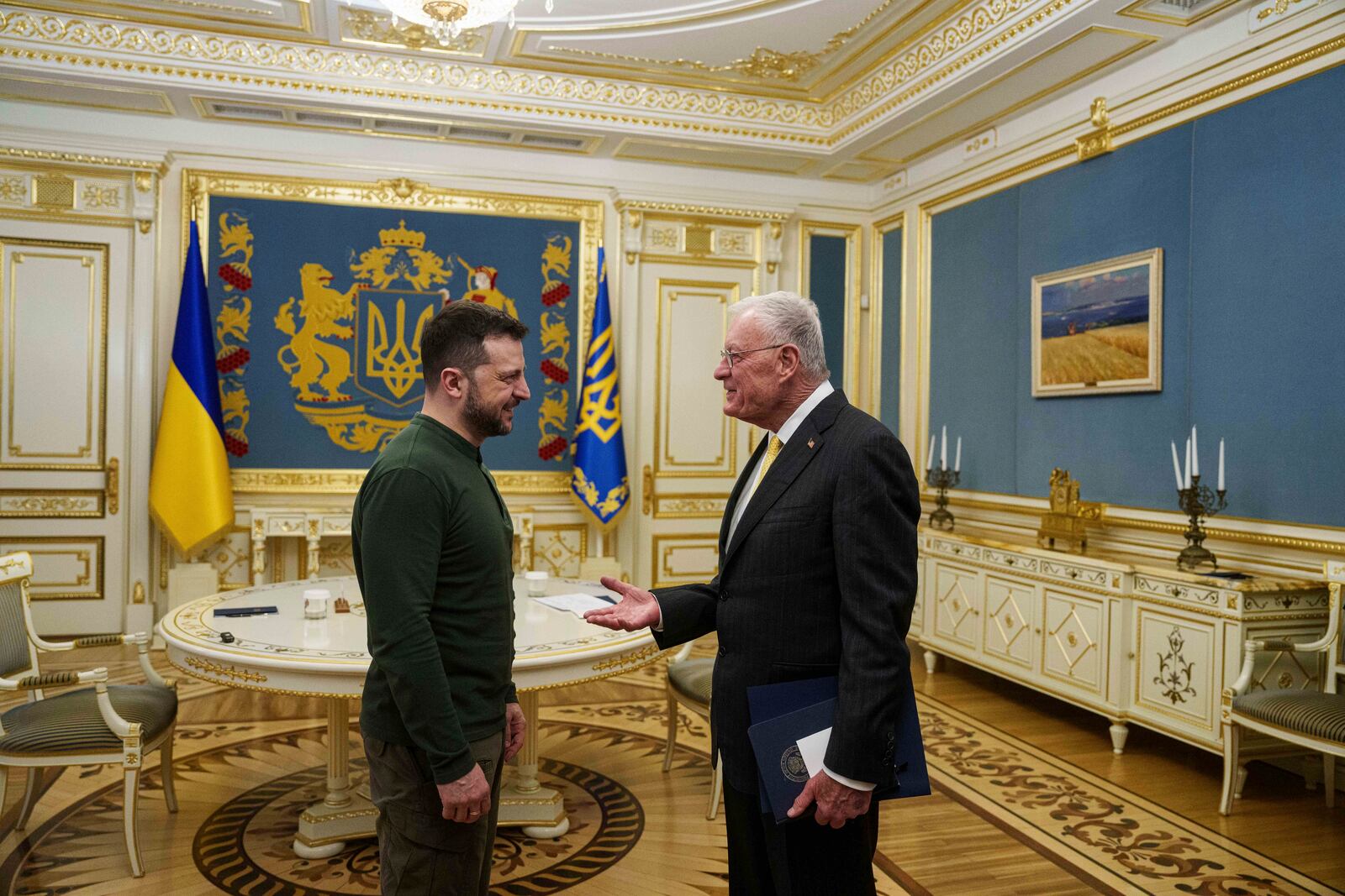 U.S. Special Envoy for Ukraine and Russia Keith Kellogg, right, and Ukraine's President Volodymyr Zelenskyy talk during their meeting in Kyiv, Ukraine, Feb. 20, 2025. (AP Photo/Evgeniy Maloletka)