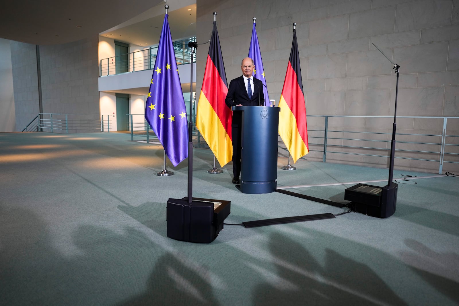 German Chancellor Olaf Scholz gives a statement at the chancellery in Berlin, Germany, Wednesday, Jan. 8, 2025. (AP Photo/Markus Schreiber)