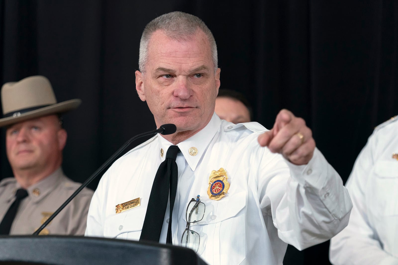 D.C. Fire and EMS Chief John Donnelly speaks during a news conference at Ronald Reagan Washington National Airport, Sunday, Feb. 2, 2025, in Arlington, Va. (AP Photo/Jose Luis Magana)