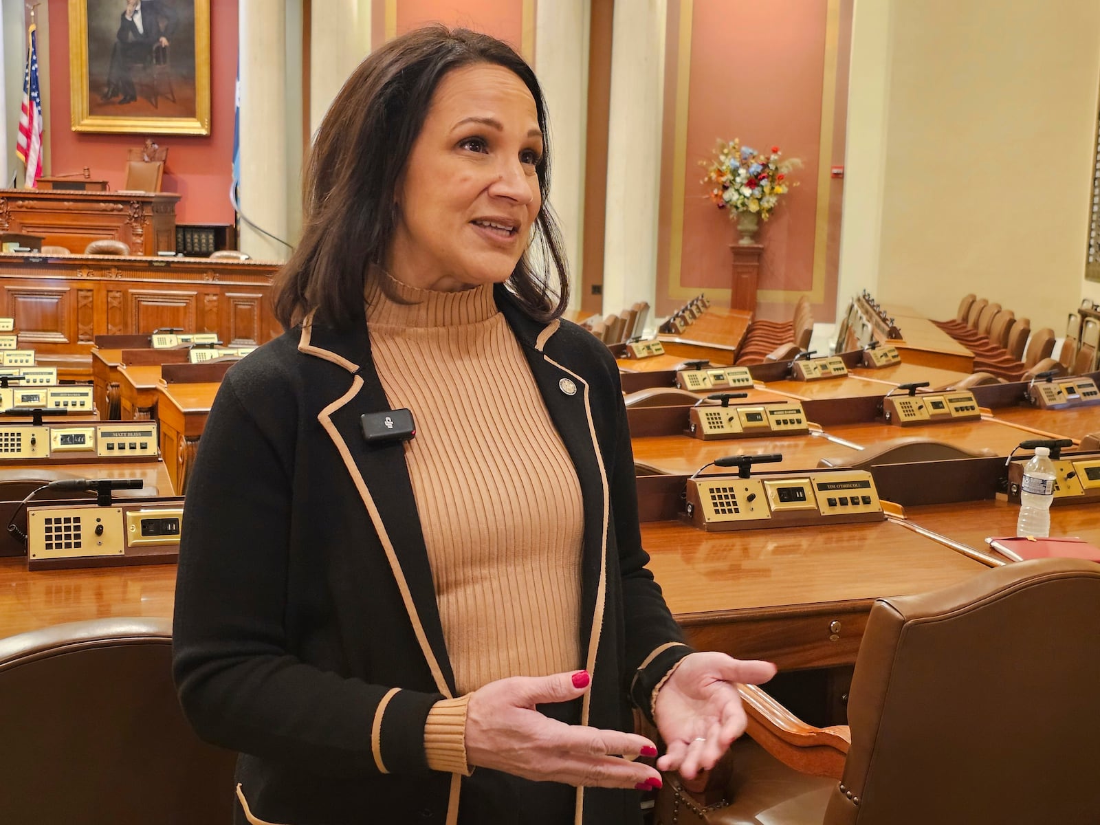 Minnesota House Republican leader Lisa Demuth speaks to reporters on Monday, Jan. 13, 2025, at the State Capitol in St. Paul, one day before the 2025 legislative session is due to convene. (AP Photo/Steve Karnowski)