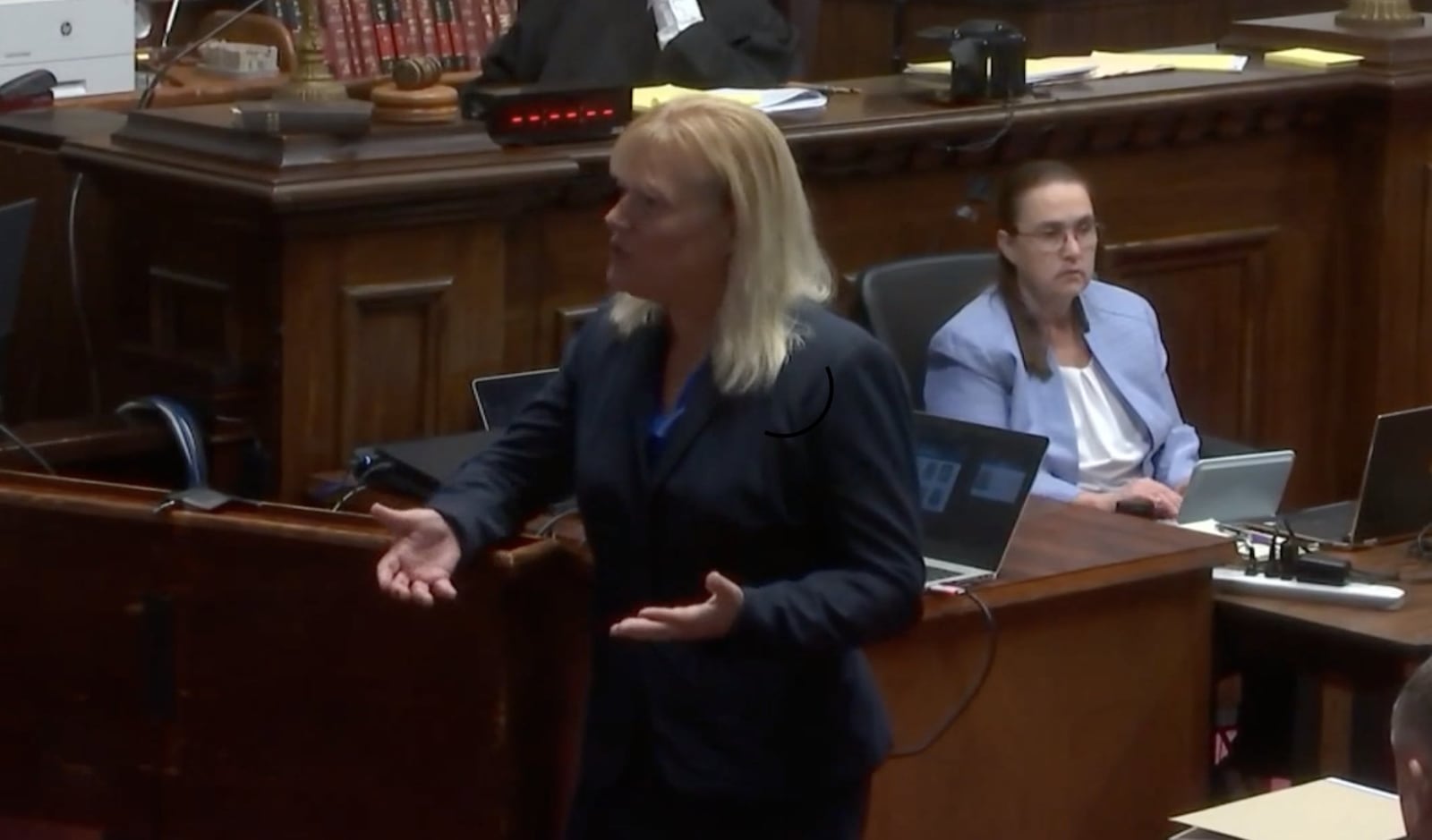 Special prosecutor Angela Canepa talks to the jury in the trial of George Wagner IV, who is accused in the killings of eight people in Pike County, Ohio in 2016. EVAN MILLWARD/WCPO