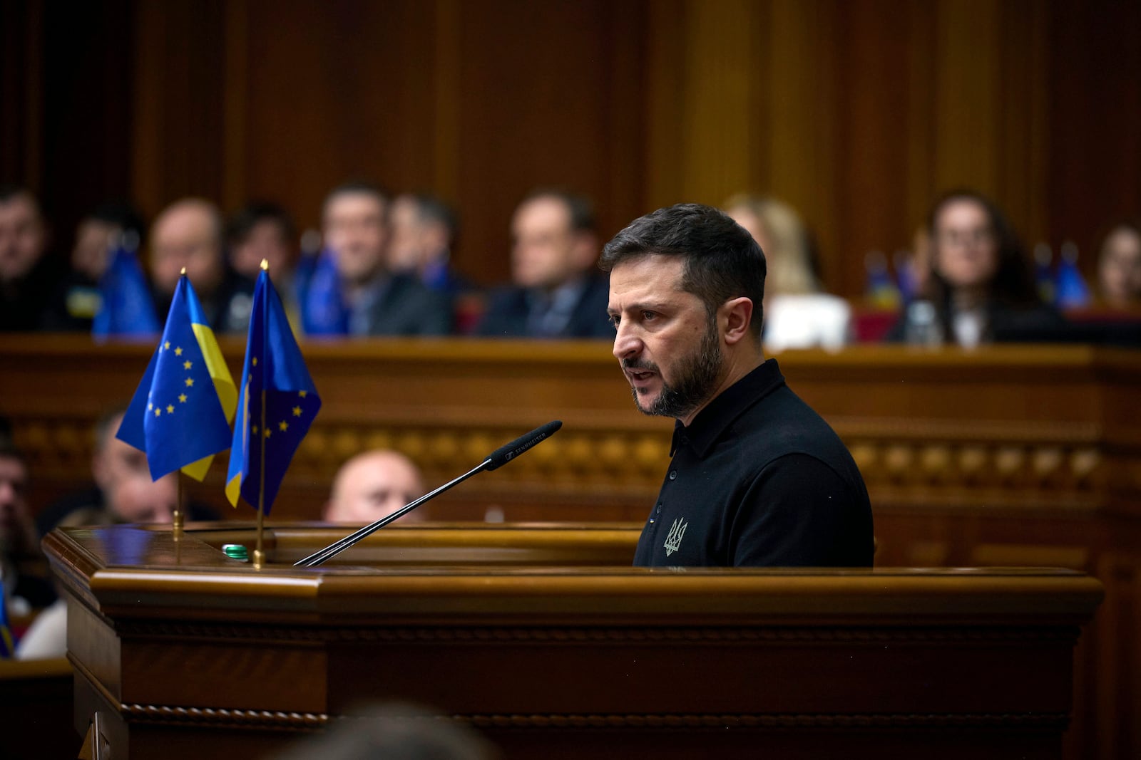 In this photo provided by the Press Service Of The President Of Ukraine on Oct. 16, 2024, Ukraine's President Volodymyr Zelenskyy speaks to parliamentarians at Verkhovna Rada in Kyiv, Ukraine. (Press Service Of The President Of Ukraine via AP)