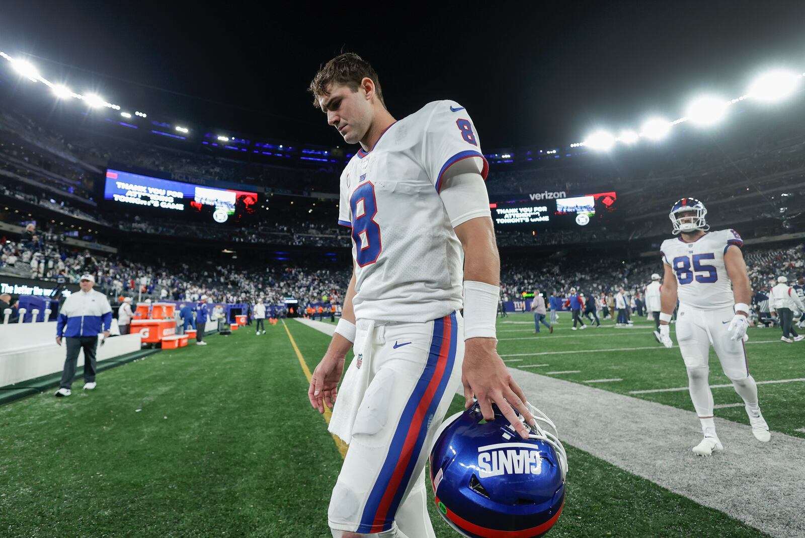 FILE - New York Giants quarterback Daniel Jones (8) walks off the field after the Giants lost to the Dallas Cowboys 23-16 in an NFL football game, Monday, Sept. 26, 2022, in East Rutherford, N.J. (AP Photo/Adam Hunger, File)