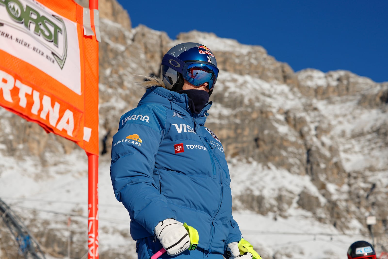 United States' Lindsey Vonn ahead of an alpine ski, women's World Cup downhill training, in Cortina d'Ampezzo, Italy, Friday, Jan. 17, 2025 (AP Photo/Alessandro Trovati)