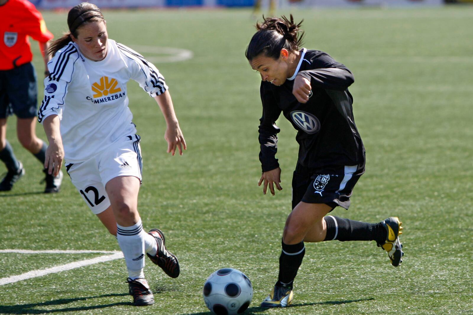 FILE - Swedish Umea IK's Brazilian striker Marta, right, dribbles the ball past Meike Weber, of FFC Frankfurt, during the first of two finals of the Women's Cup soccer match, Umea, Sweden, Saturday, May 17, 2008. (AP Photo/Scanpix Sweden/Patrick Tragardh)