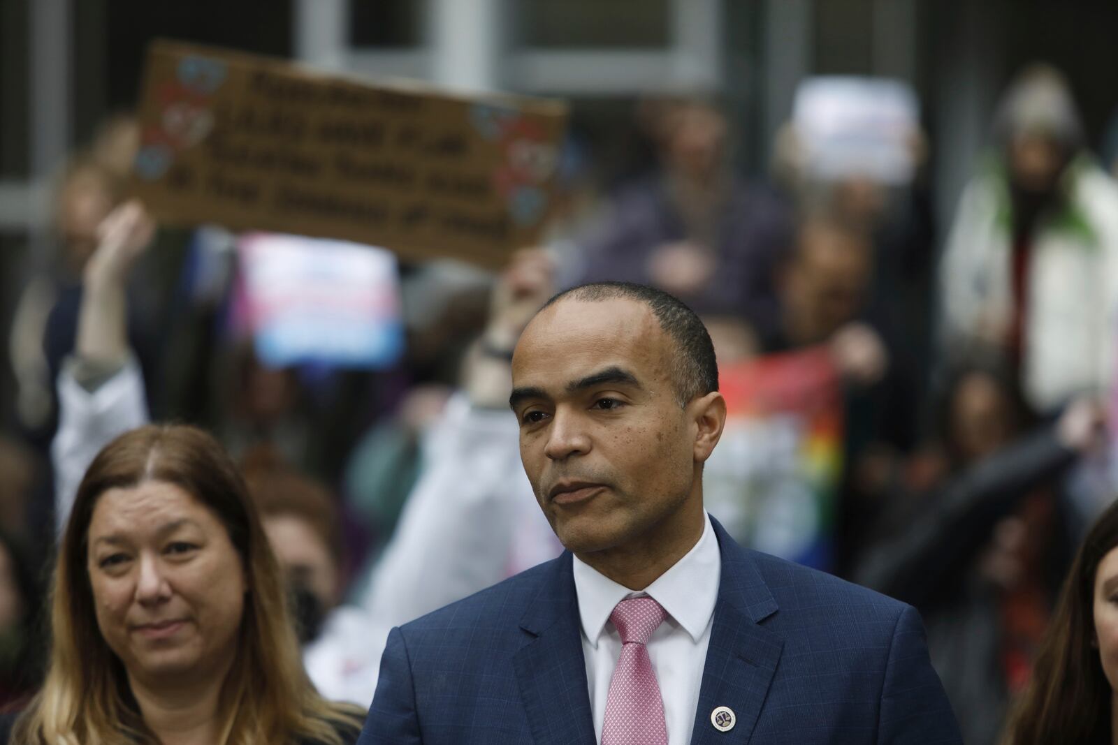 Washington Attorney General Nick Brown speaks during a news conference after a second federal judge paused President Donald Trump's order against gender-affirming care for youth outside the Seattle federal courthouse on Friday, Feb. 14, 2025. (AP Photo/Manuel Valdes)