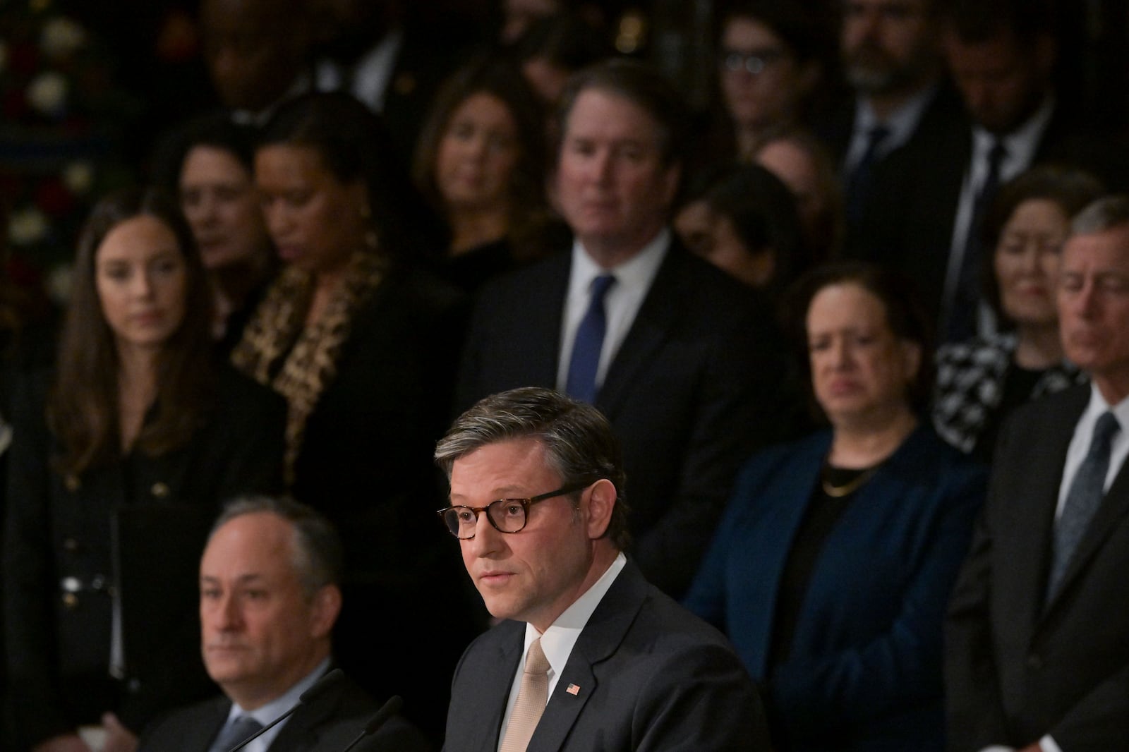 Speaker of the House Mike Johnson delivers a eulogy for former President Jimmy Carter as he lies in state during a ceremony in the Capitol, Tuesday, Jan. 7, 2025, in Washington. Carter died Dec. 29 at the age of 100. (Ricky Carioti/The Washington Post via AP, Pool)