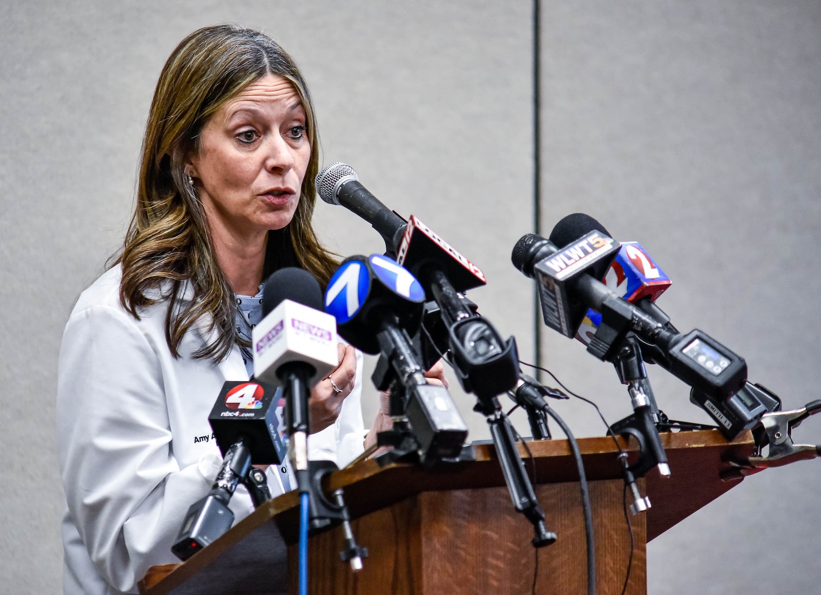 Dr. Amy Acton, then director of health for the Ohio Department of Health, speaks during a press conference held at Miami University in Oxford on Jan. 28, 2020 regarding two possible cases of coronavirus in students who recently returned back from China. NICK GRAHAM / STAFF