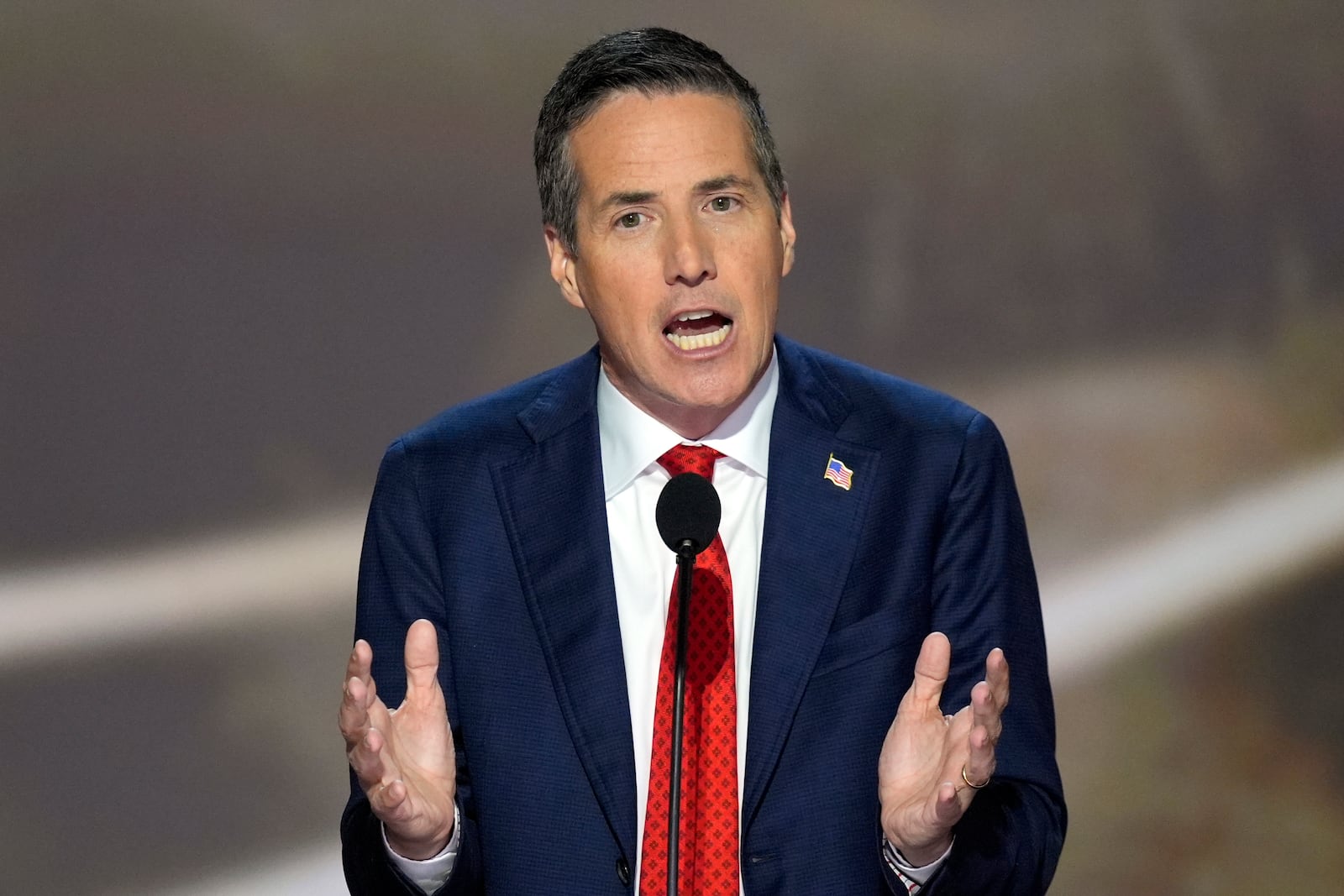 FILE - Bernie Moreno speaking during the Republican National Convention, July 16, 2024, in Milwaukee. (AP Photo/J. Scott Applewhite, File)