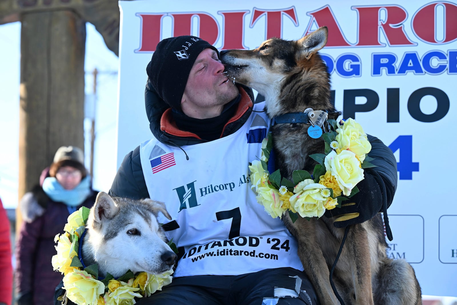 FILE - Dallas Seavey celebrates his win in the Iditarod Trail Sled Dog Race, March 12, 2024, in Nome, Alaska. (Anne Raup/Anchorage Daily News via AP, File)