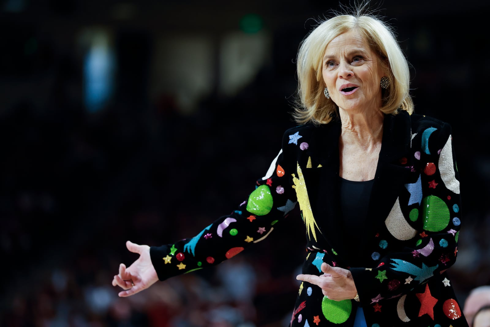 LSU head coach Kim Mulkey argues a call during the first half of an NCAA college basketball game against South Carolina in Columbia, S.C., Friday, Jan. 24, 2025. (AP Photo/Nell Redmond)