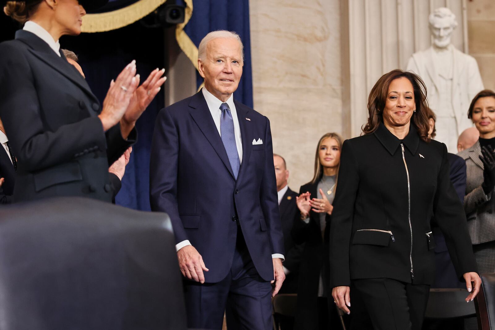 President Joe Biden and Vice President Kamala Harris arrive during the 60th Presidential Inauguration in the Rotunda of the U.S. Capitol in Washington, Monday, Jan. 20, 2025. (Chip Somodevilla/Pool Photo via AP)