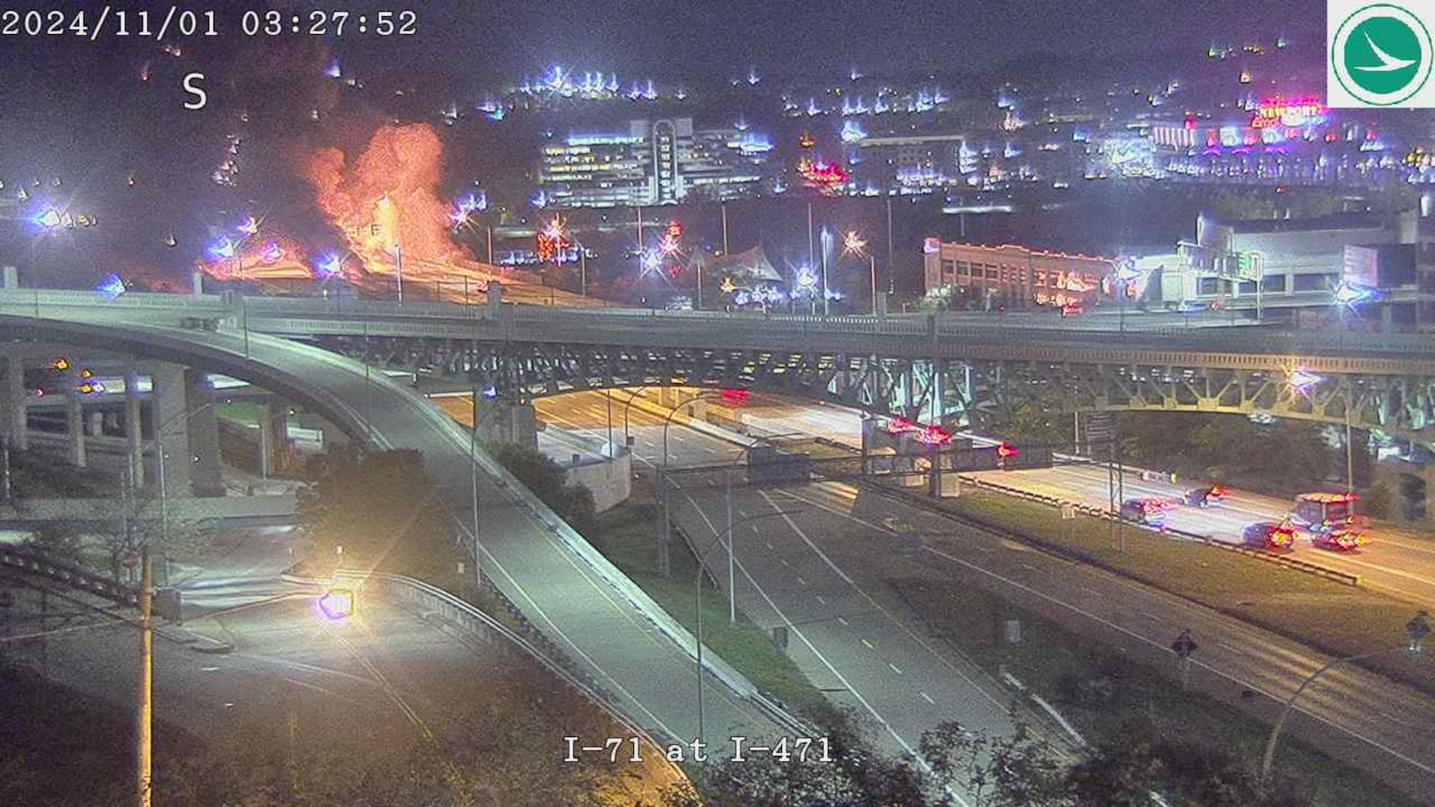 An Ohio Dept. of Transportation image at 3:27 a.m. Friday, Nov. 1, 2024 shows a vehicle fire  that led to the closure of I-471and the Daniel Carter Beard Bridge in Cincinnati. ODOT/CONTRIBUTED