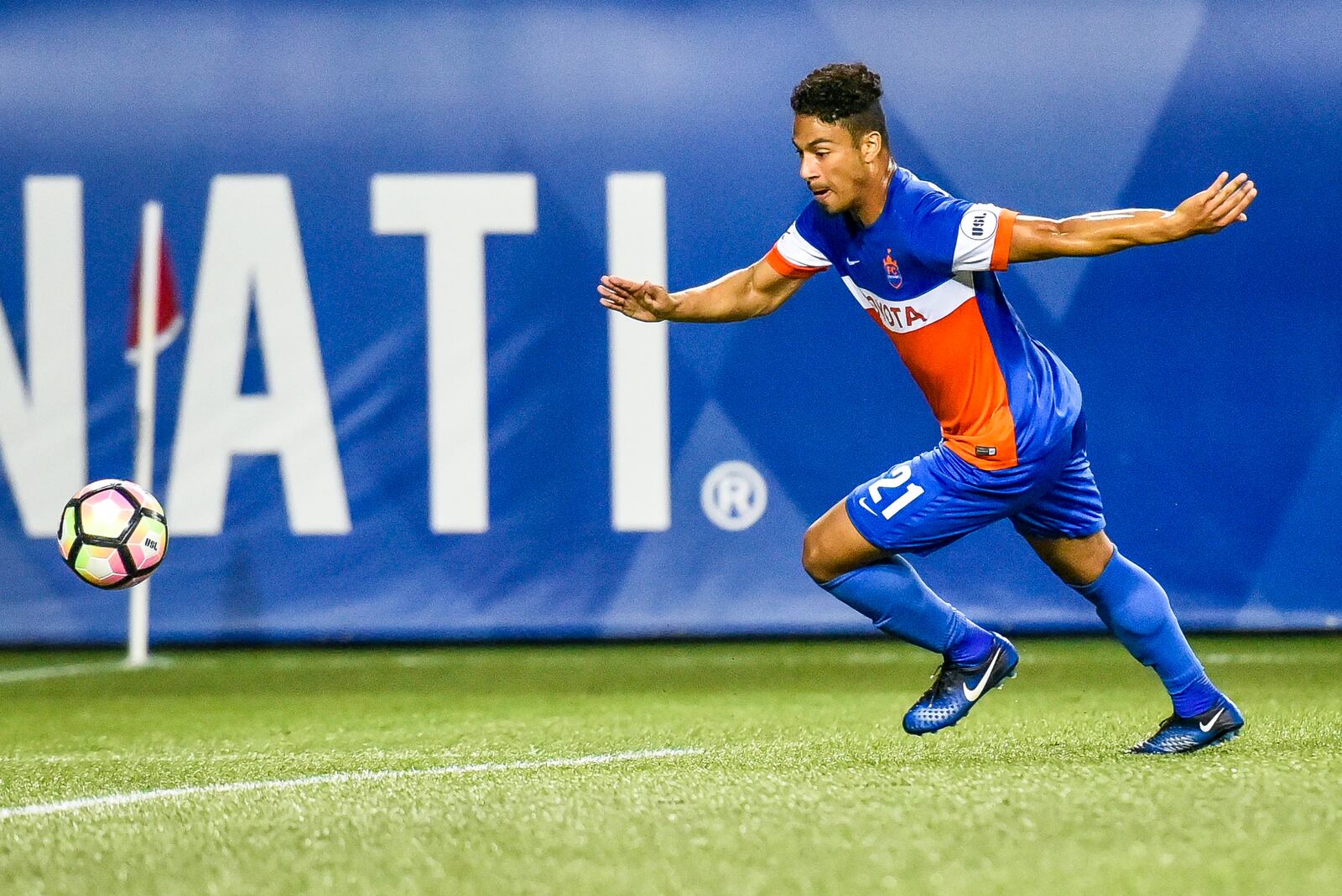 FC Cincinnati’s Marco Dominguez nearly scores as he beats New York Red Bulls goalkeeper Ryan Meara then gets his shot deflected by Red Bulls midfielder Tyler Adams during their 2017 Lamar Hunt U.S. Open Cup semifinal game Tuesday, Aug. 15, 2017 at Nippert Stadium on the University of Cincinnati Campus in Cincinnati. The Red Bulls won 3-2 in overtime. NICK GRAHAM/STAFF