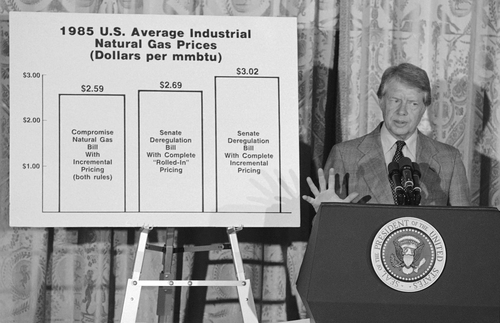 FILE - President Jimmy Carter speaks to executives of gas-using businesses at the White House in Washington, Aug. 31, 1978, before the passage of a natural gas compromise bill. (AP Photo/Jeff Taylor, File)