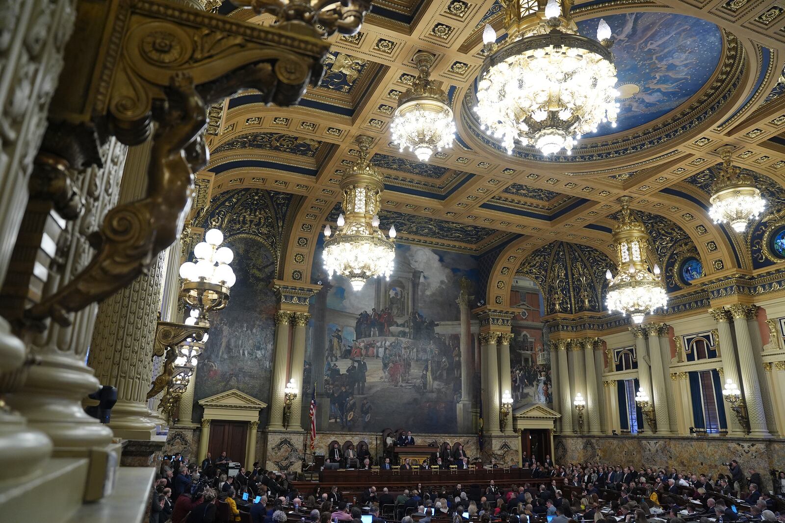 Pennsylvania Gov. Josh Shapiro delivers his budget address for the 2025-26 fiscal year to a joint session of the state House and Senate at the Capitol is seen, Tuesday, Feb. 4, 2025, in Harrisburg, Pa. (AP Photo/Matt Rourke)