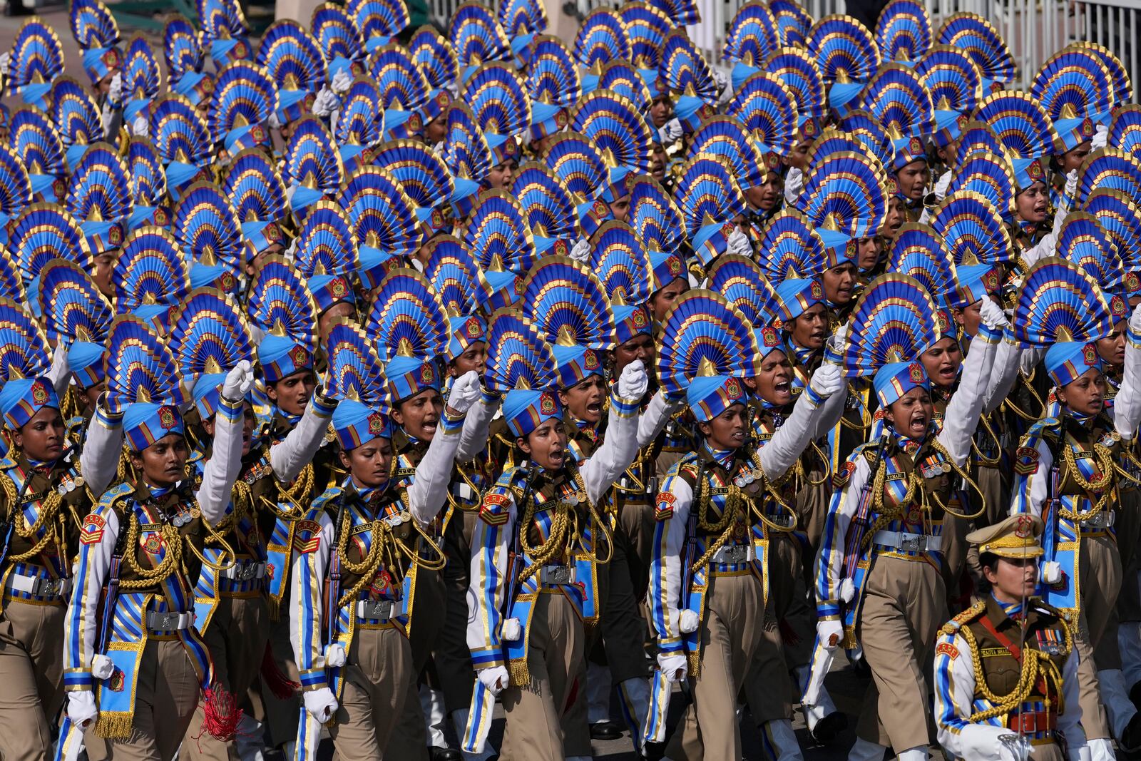 Indian paramilitary force soldiers march through the ceremonial Kartavya Path boulevard during India's Republic Day parade celebrations in New Delhi, India, Sunday, Jan. 26, 2025. (AP Photo/Channi Anand)