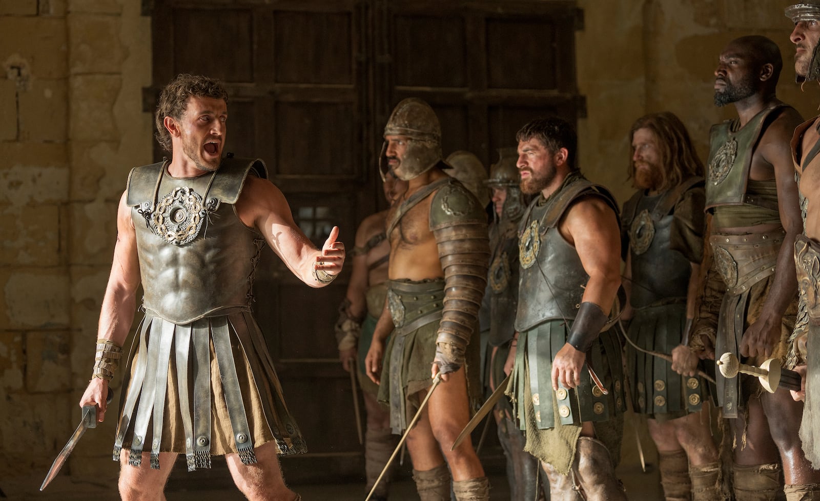 This image released by Paramount Pictures shows Paul Mescal, left, in a scene from "Gladiator II." (Aidan Monaghan/Paramount Pictures via AP)