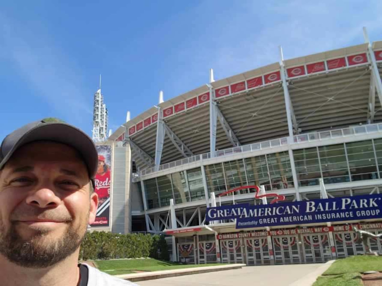 Erik Judd, of Fairfield, is pictured on Tuesday, Oct. 11, 2022, at Great American Ball Park in Cincinnati after walking more than 20 miles from his home in Fairfield to downtown Cincinnati in order to raise money for the Joe Nuxhall Miracle League Fields. It took Judd around 7 hours to make the journey. PROVIDED 