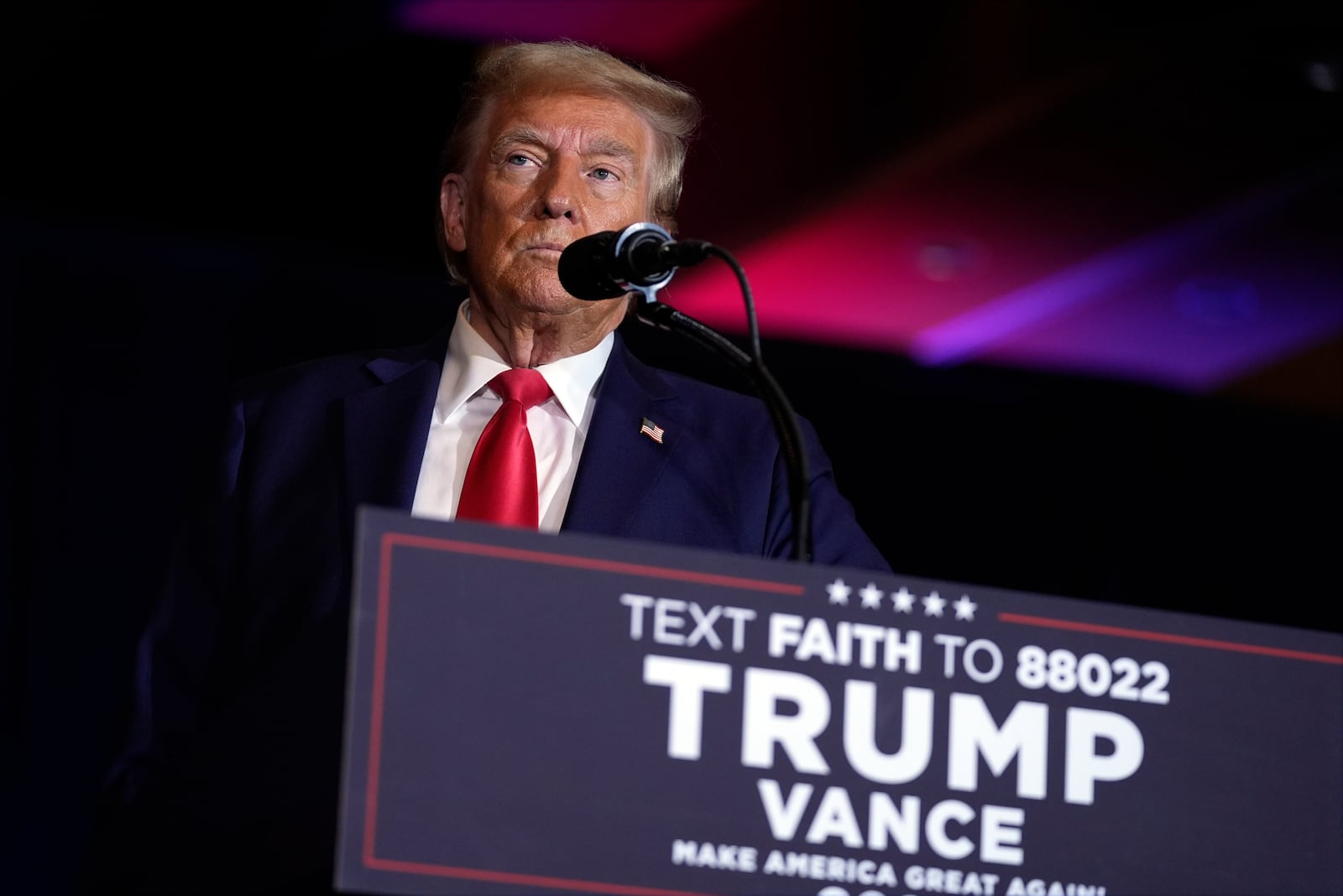 Republican presidential nominee former President Donald Trump speaks at a faith event at the Concord Convention Center, Monday, Oct. 21, 2024, in Concord, N.C. (AP Photo/Evan Vucci)