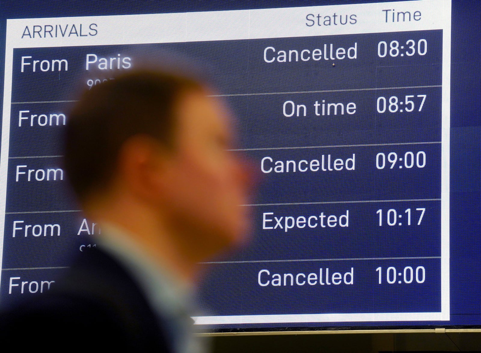 A view of a departures board at St Pancras International station in London, Friday March 7, 2025, after Eurostar trains to the capital have been halted following the discovery of an unexploded Second World War bomb near the tracks in Paris. (James Manning/PA via AP)