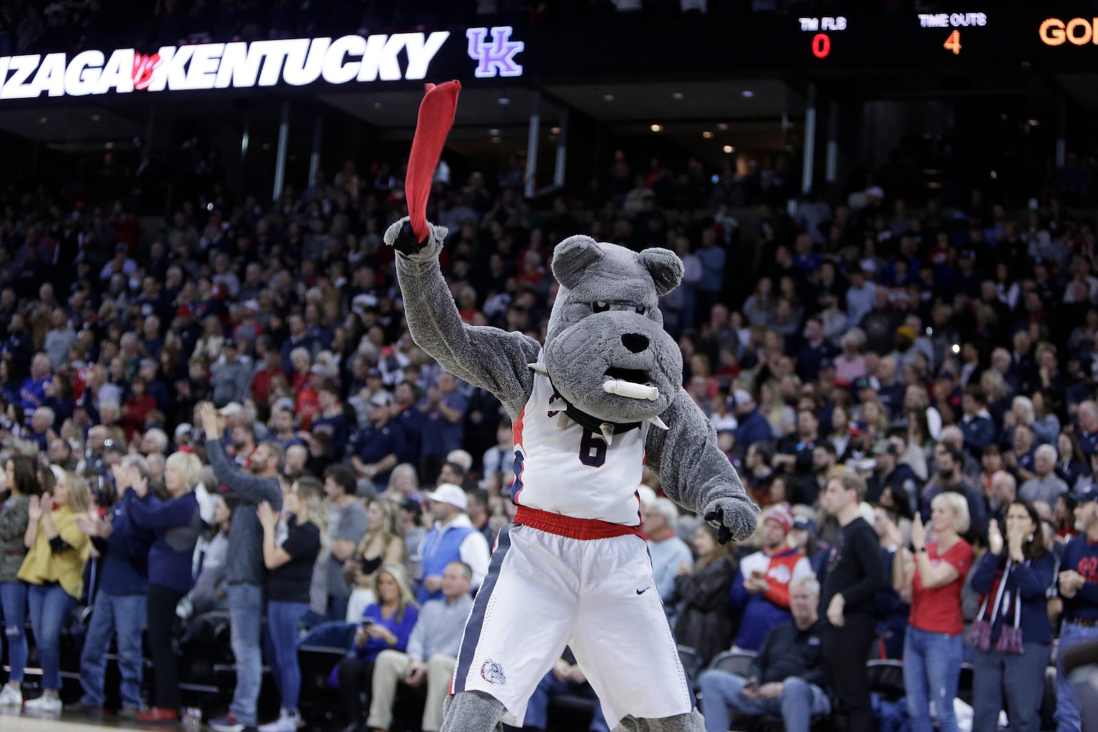 Gonzaga mascot Spike the Bulldog performs for fans before an NCAA college basketball game againstKentucky, Sunday, Nov. 20, 2022, in Spokane, Wash. (AP Photo/Young Kwak)