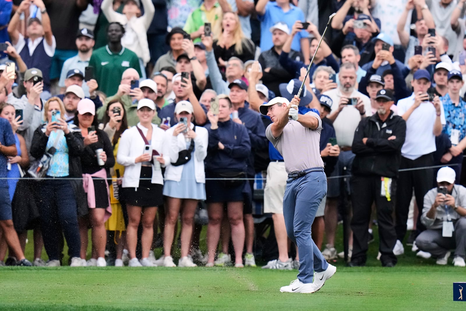 Rory McIlroy, of Northern Ireland, hits from the 17th fairway during the final round of The Players Championship golf tournament Sunday, March 16, 2025, in Ponte Vedra Beach, Fla. (AP Photo/Chris O'Meara)