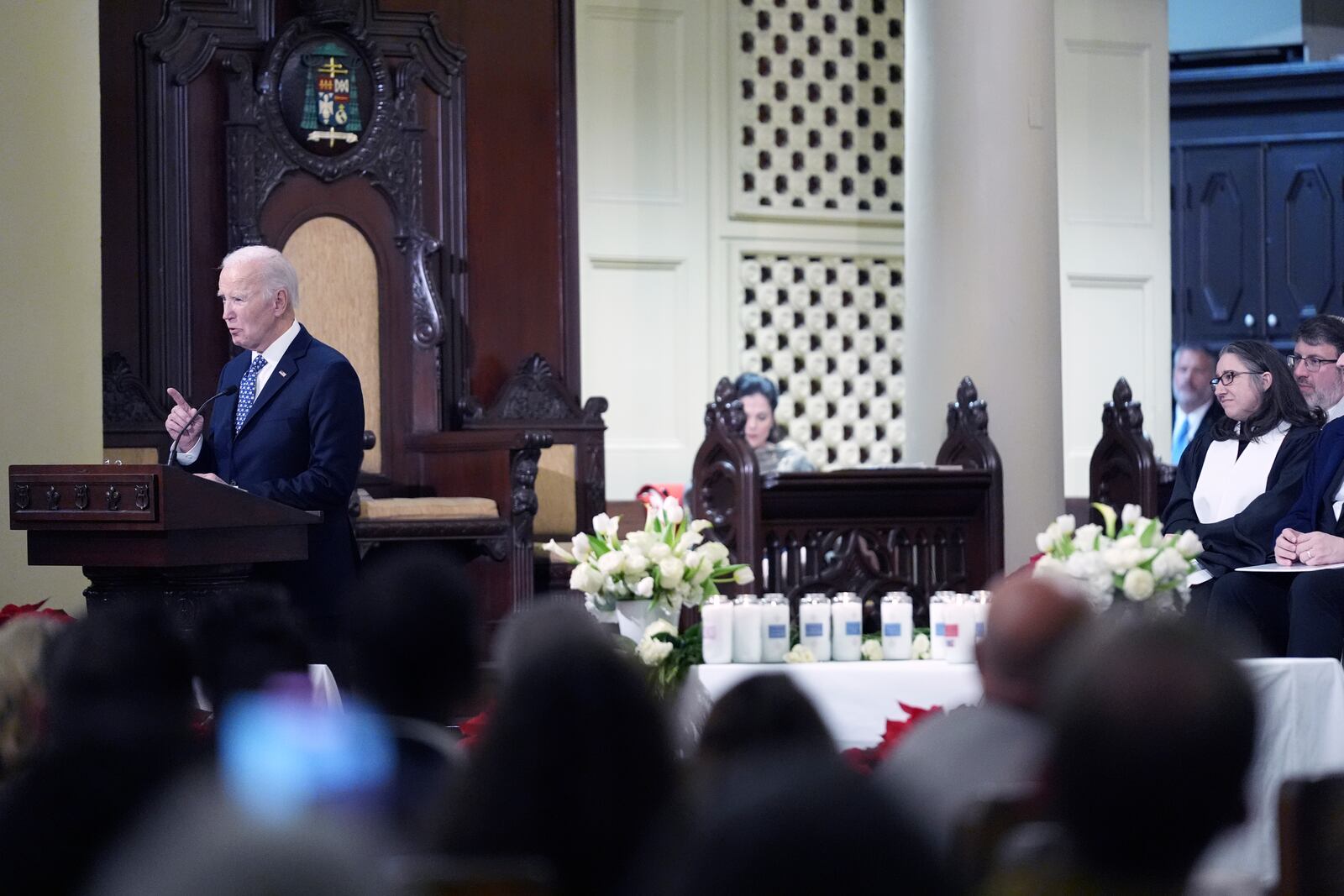 President Joe Biden speaks during in an interfaith prayer service for the victims of the deadly New Years truck attack, at St. Louis Cathedral in New Orleans, Monday, Jan. 6, 2025. (AP Photo/Stephanie Scarbrough)