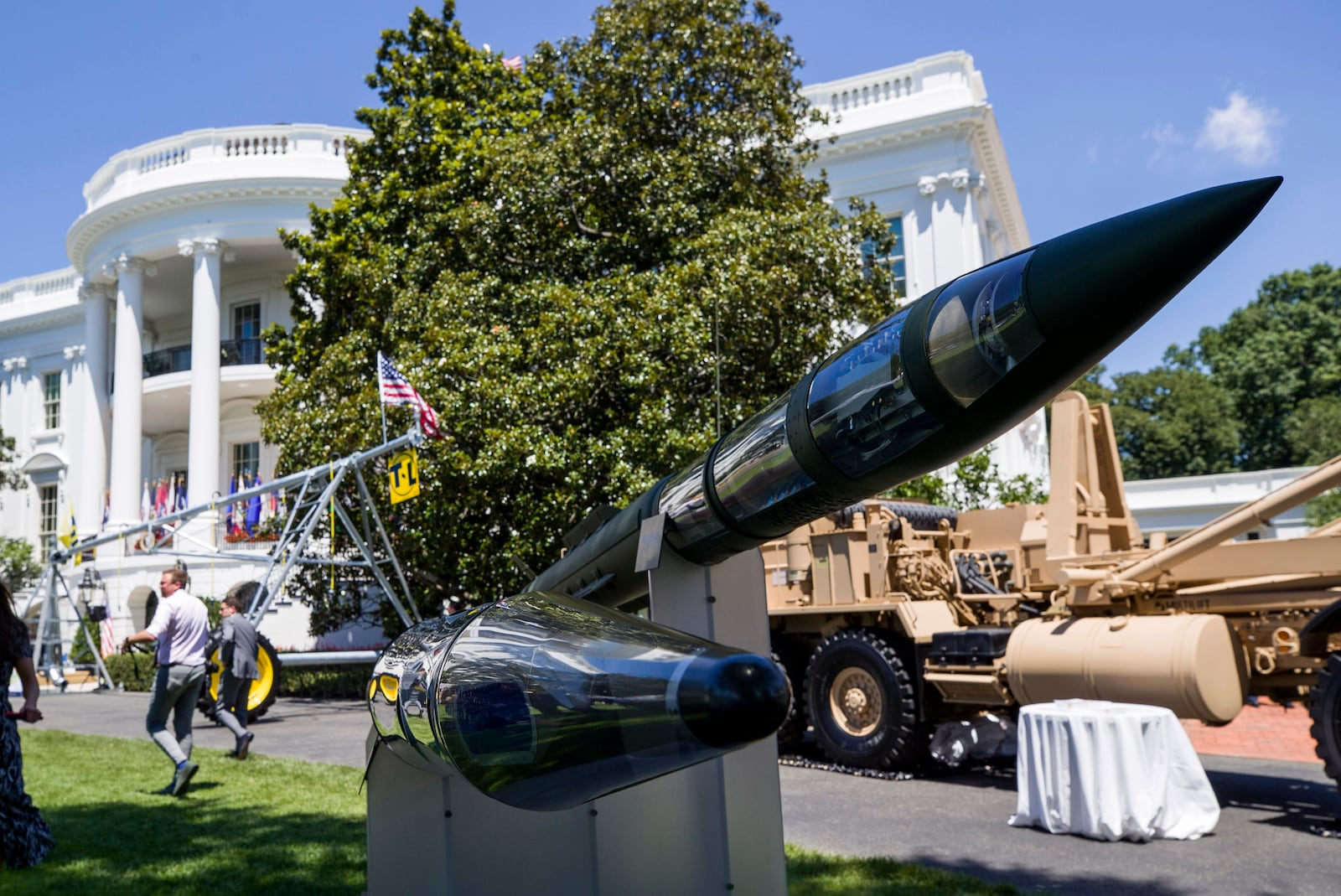 FILE - A Terminal High Altitude Area Defense (THAAD) anti-ballistic missile defense system is displayed during a Made in America showcase on the South Lawn of the White House, July 15, 2019, in Washington. (AP Photo/Alex Brandon, File)