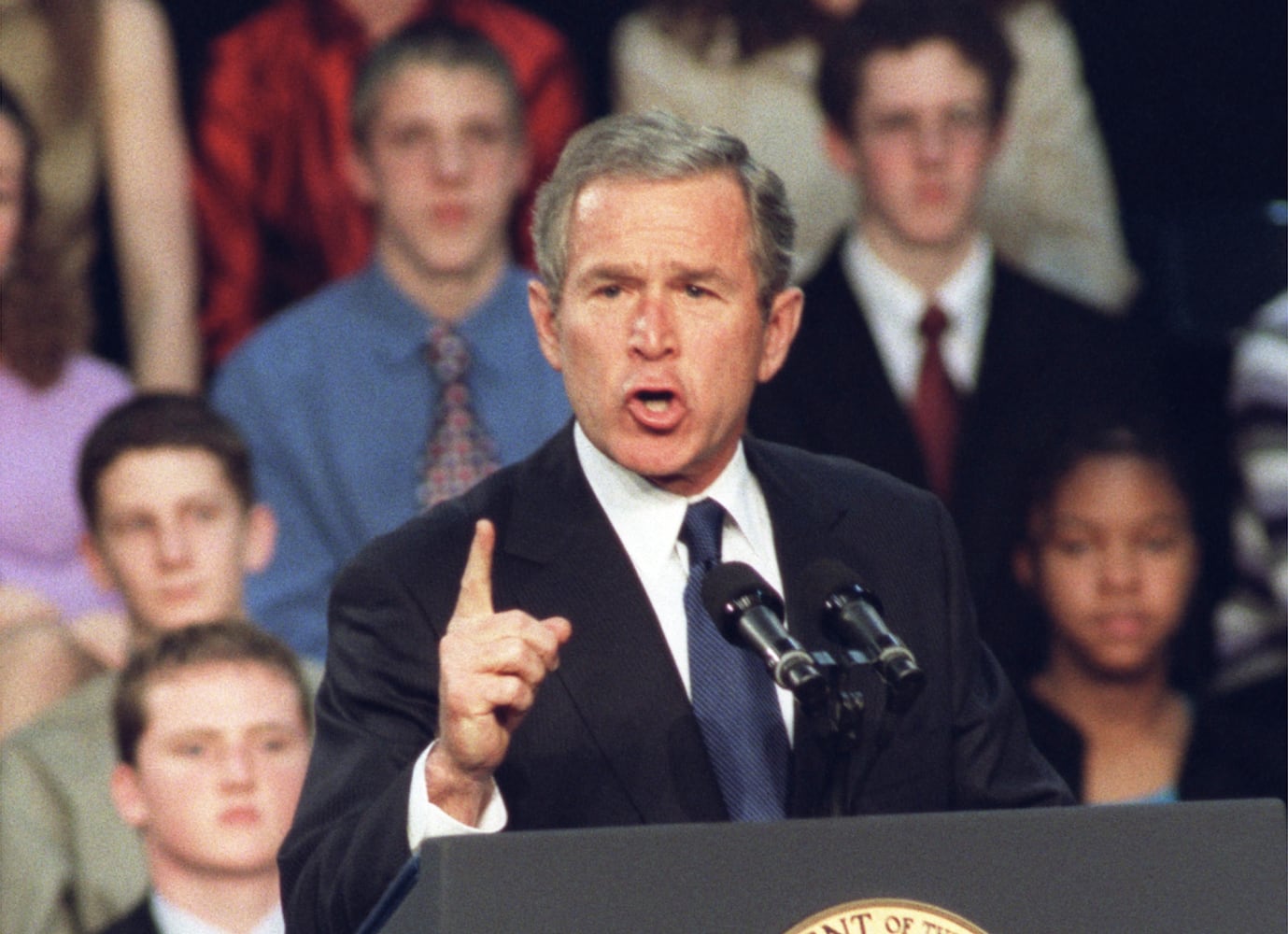 President George W. Bush signing No Child Left Behind Act at Hamilton High School Jan. 8, 2002.