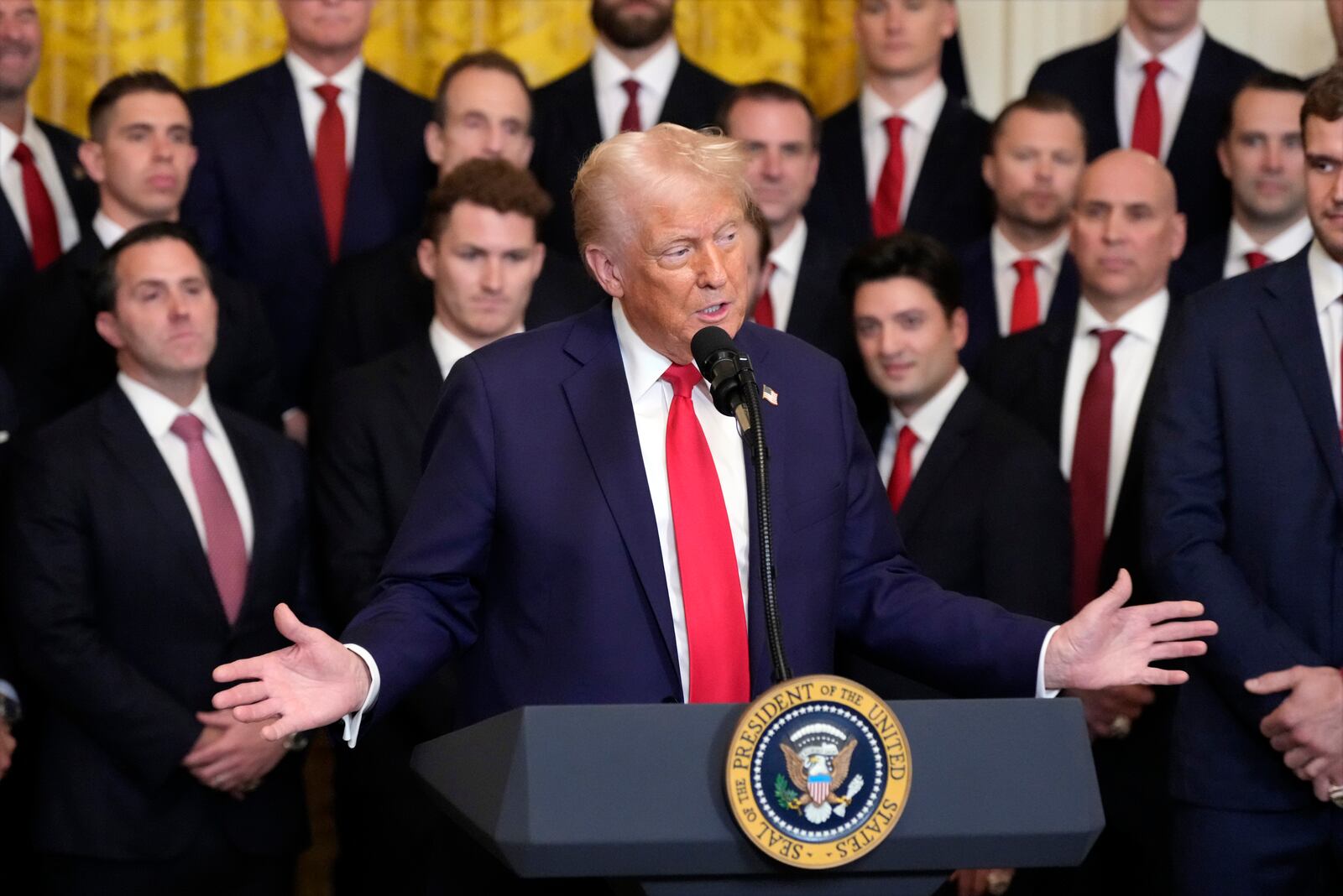 President Donald Trump speaks during a ceremony with the Florida Panthers NHL hockey team to celebrate their 2024 Stanley Cup victory in the East Room of the the White House, Monday, Feb. 3, 2025, in Washington. (AP Photo/Alex Brandon)