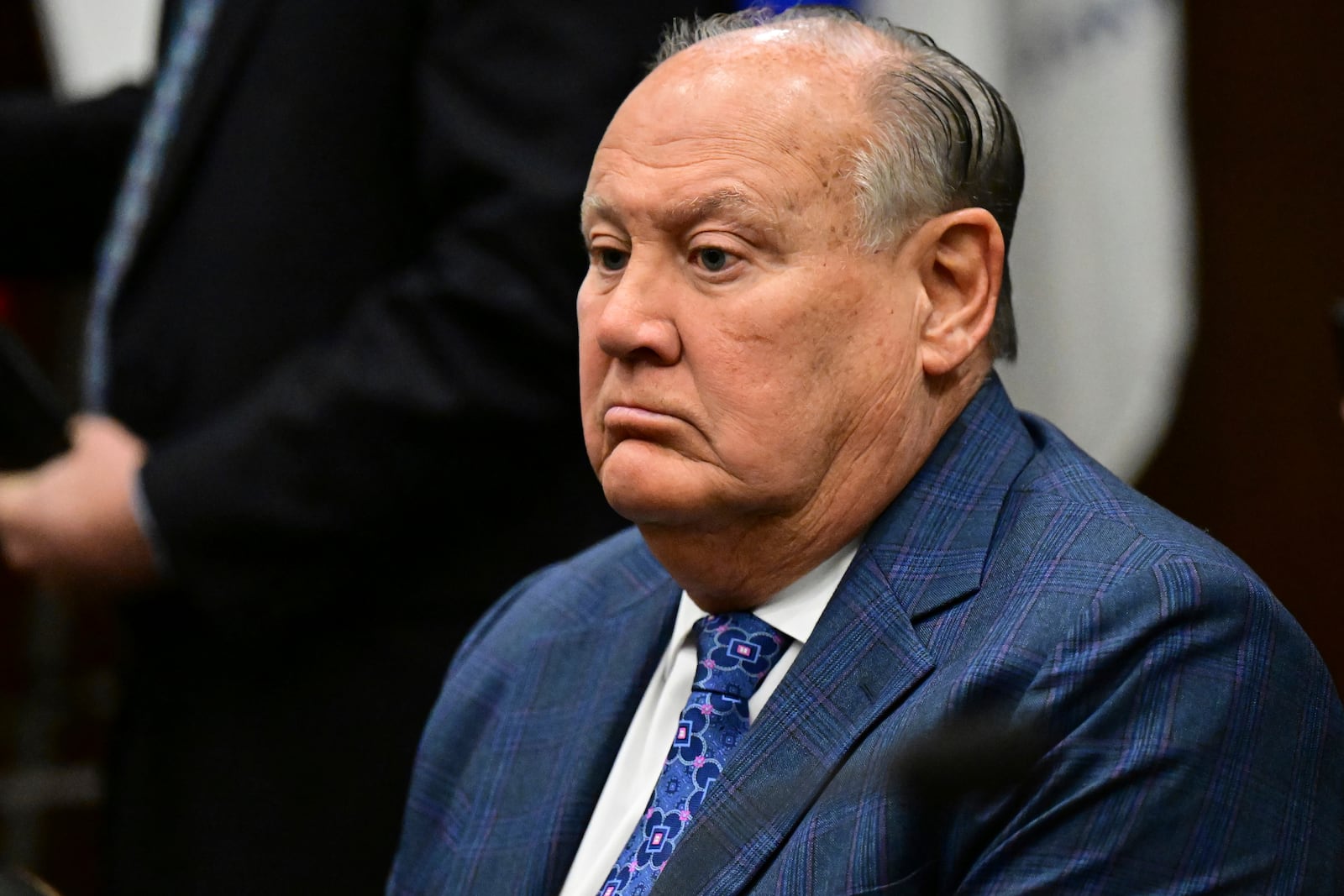 FILE - Former FirstEnergy CEO Charles Jones sits in the courtroom at the Summit County courthouse in Akron, Ohio on Tuesday, Feb. 13, 2024. (AP Photo/David Dermer, File)