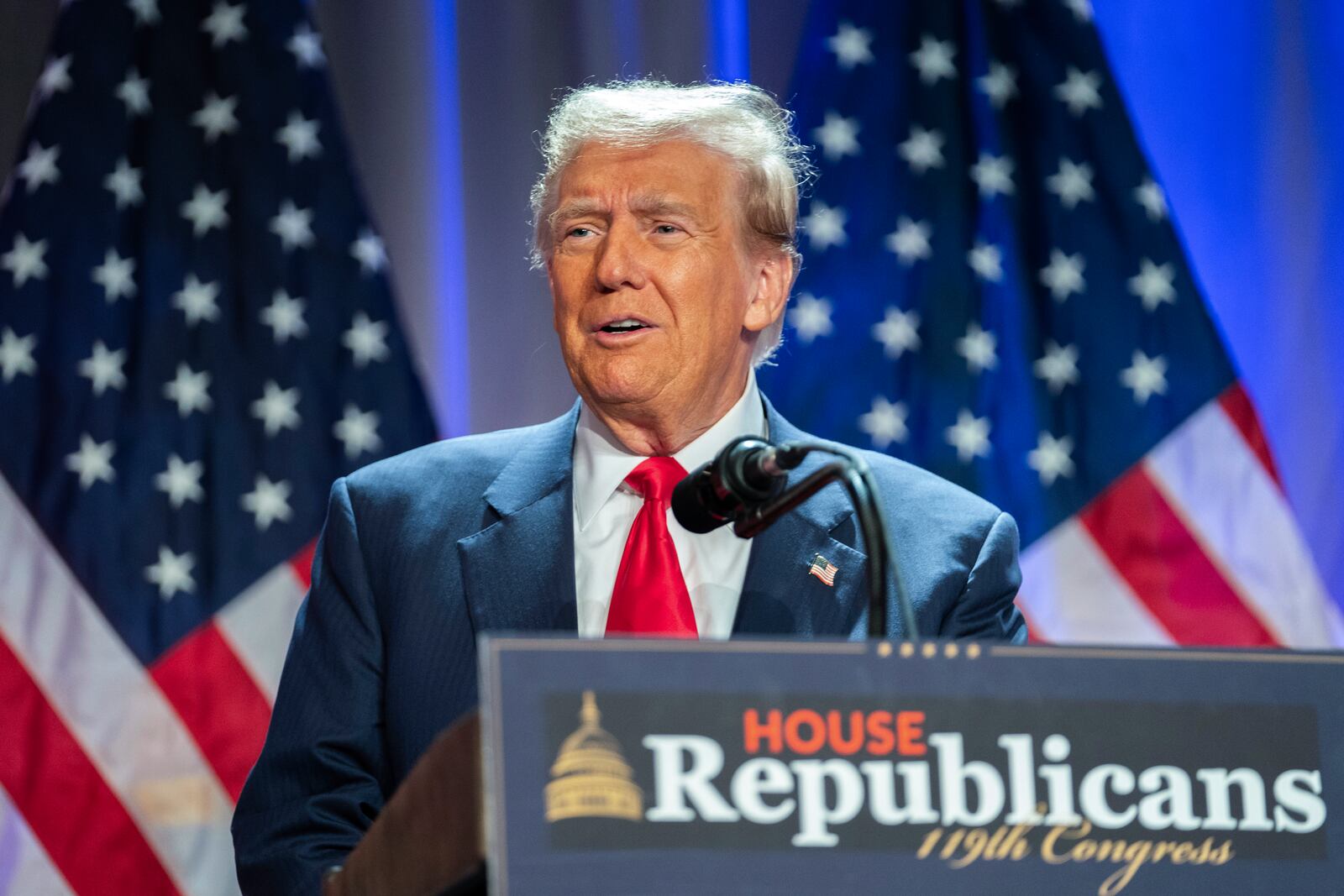 President-elect Donald Trump speaks during a meeting with the House GOP conference, Wednesday, Nov. 13, 2024, in Washington. (Allison Robbert/Pool via AP)