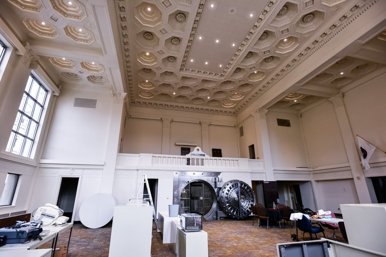 Restoration of the main ballroom at The Benison will include keeping decorative details and a large Mosler safe. 