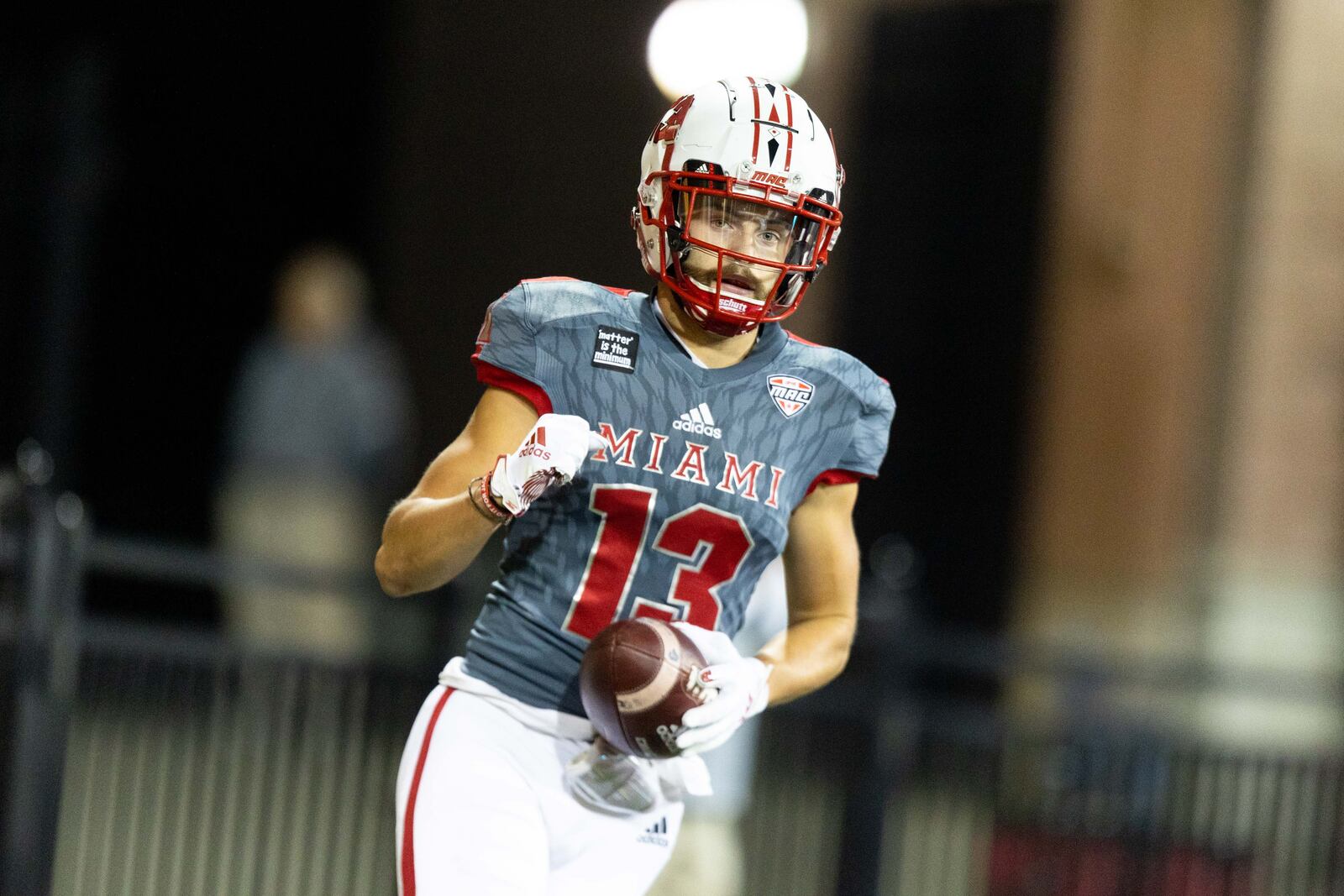 Miami wide receiver Jack Sorenson celebrates a touchdown during last week's game vs. Buffalo. Miami Athletics photo