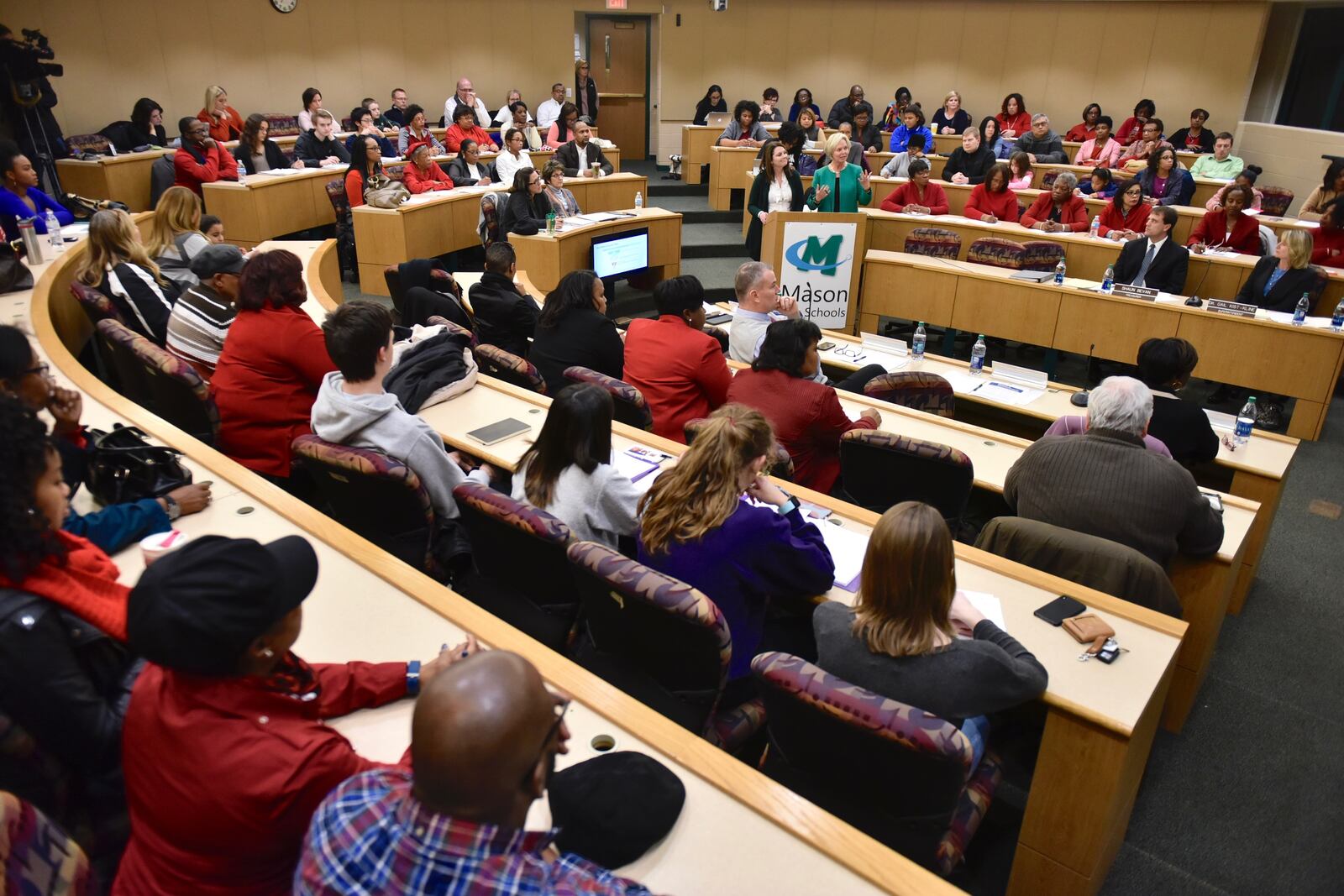 The Mason School Board meeting on Tuesday night, Jan. 23, 2018, was well attended in the aftermath of a controversial comment by a teacher to a student. (Nicholas Graham/Staff)