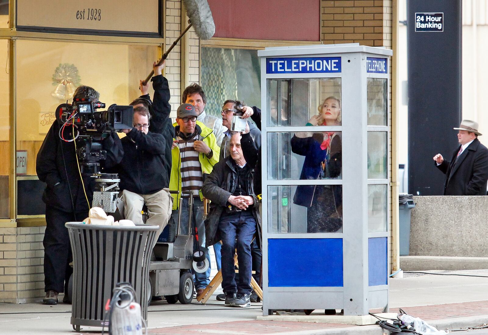 Cate Blanchett is filmed for a scene in the movie "Carol" outside Kosta's Restaurant along Court Street in Hamilton.  