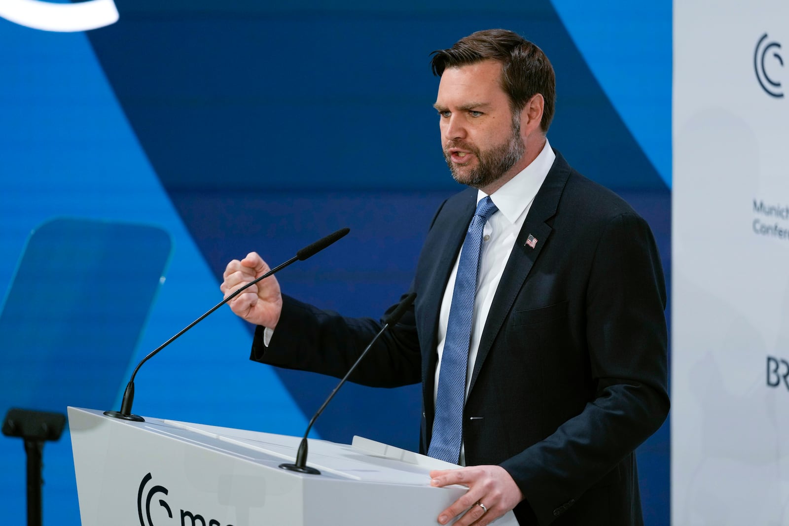 United States Vice-President JD Vance addresses the audience during the Munich Security Conference at the Bayerischer Hof Hotel in Munich, Germany, Friday, Feb. 14, 2025. (AP Photo/Matthias Schrader)