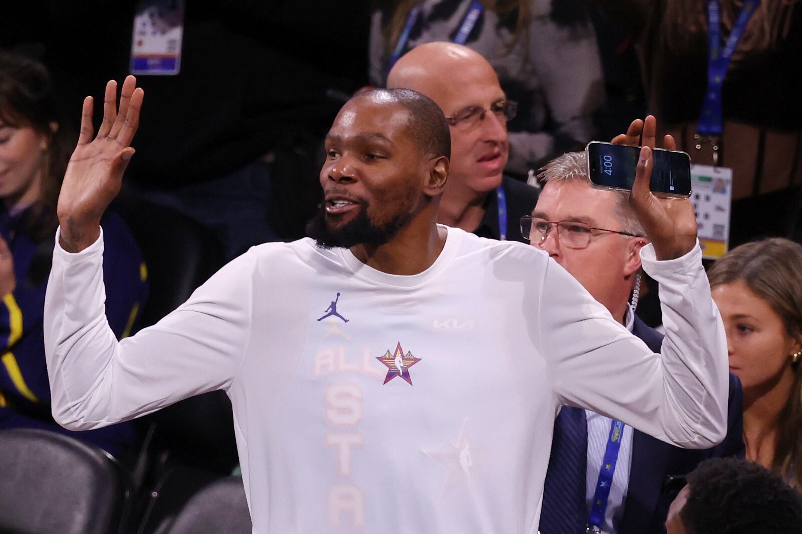 Phoenix Suns forward Kevin Durant gestures as he leaves the court before the NBA basketball All-Star game Sunday, Feb. 16, 2025, in San Francisco. (AP Photo/Jed Jacobsohn)