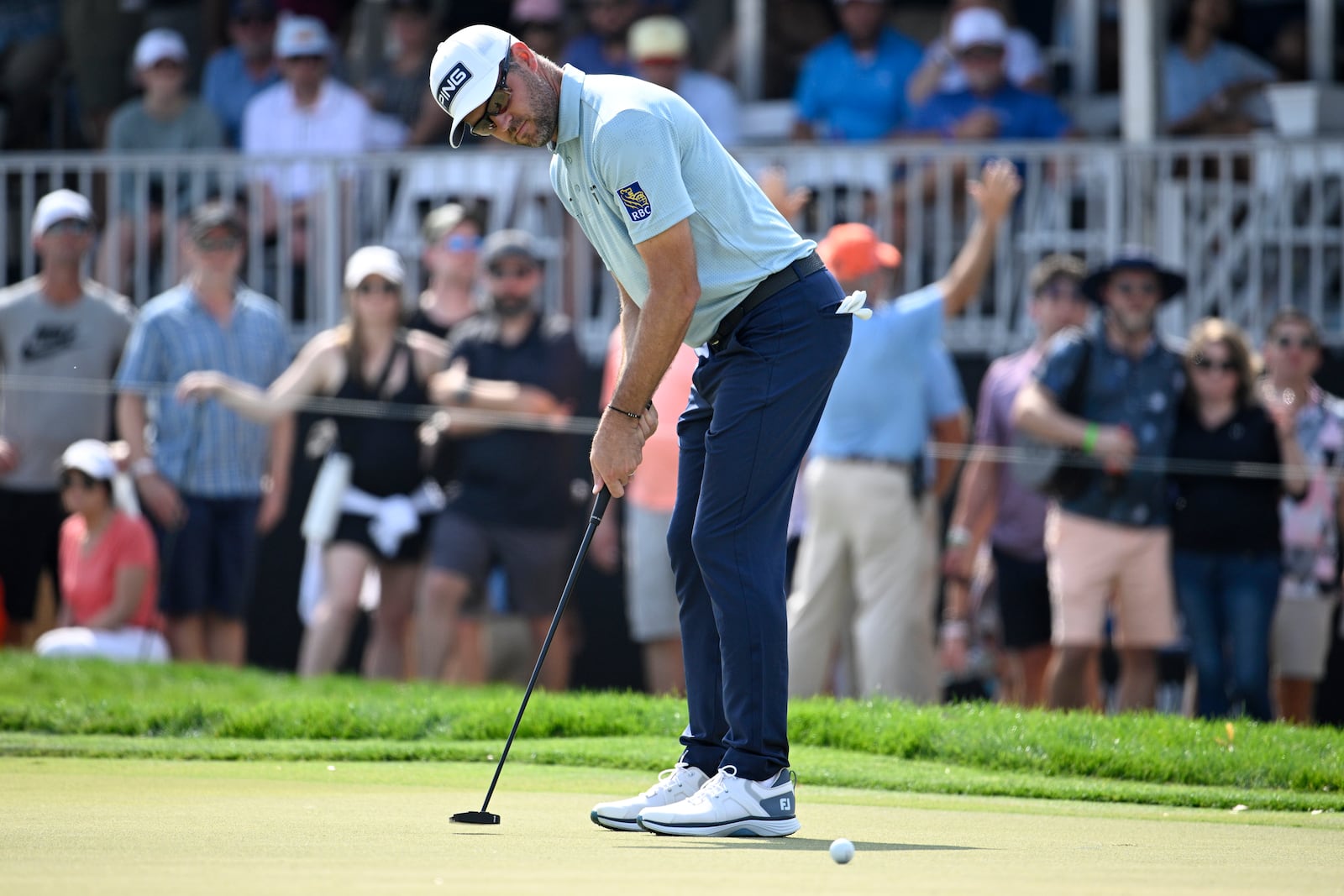 Corey Conners, of Canada, watches his putt on the ninth green during the final round of the Arnold Palmer Invitational at Bay Hill golf tournament, Sunday, March 9, 2025, in Orlando, Fla. (AP Photo/Phelan M. Ebenhack)