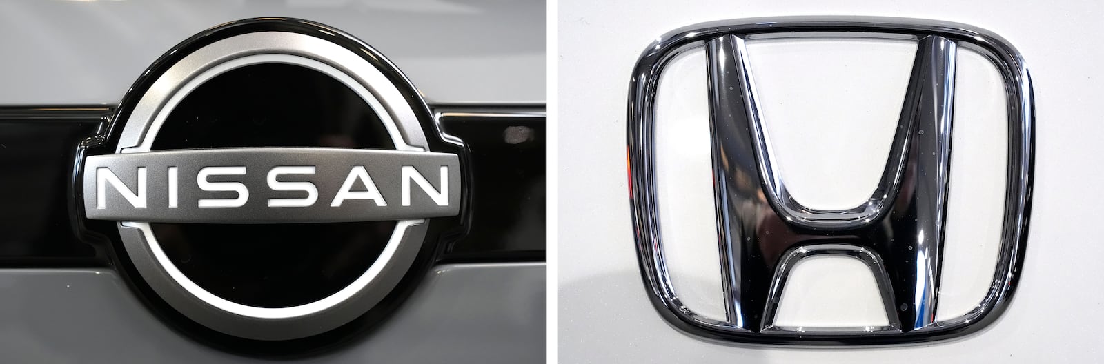 FILE - This combination of photos shows the logo of Nissan, left, and Honda, right, seen at the Pittsburgh International Auto Show in Pittsburgh, Feb. 15, 2024. (AP Photo/Gene J. Puskar, File)