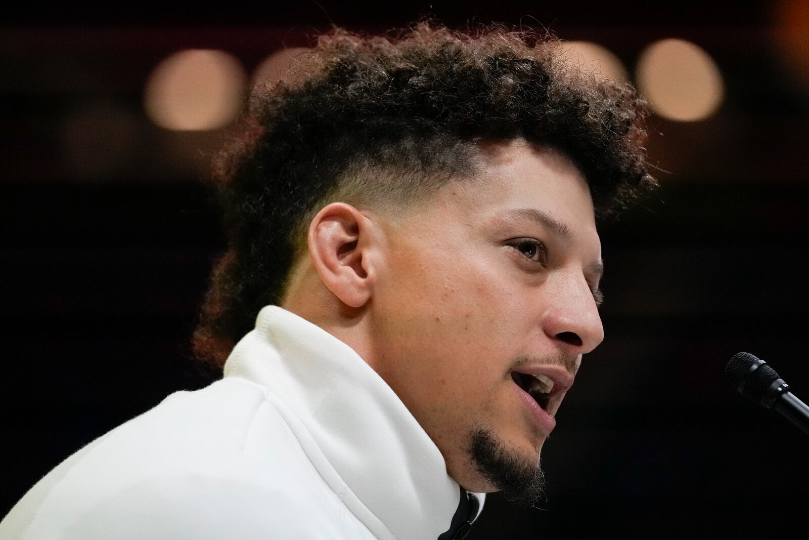 FILE - Kansas City Chiefs quarterback Patrick Mahomes (15) participates during Super Bowl 59 Opening Night, Monday, Feb. 3, 2025, in New Orleans, ahead of the NFL football game between the Philadelphia Eagles and the Kansas City Chiefs Sunday. (AP Photo/Matt York, File)