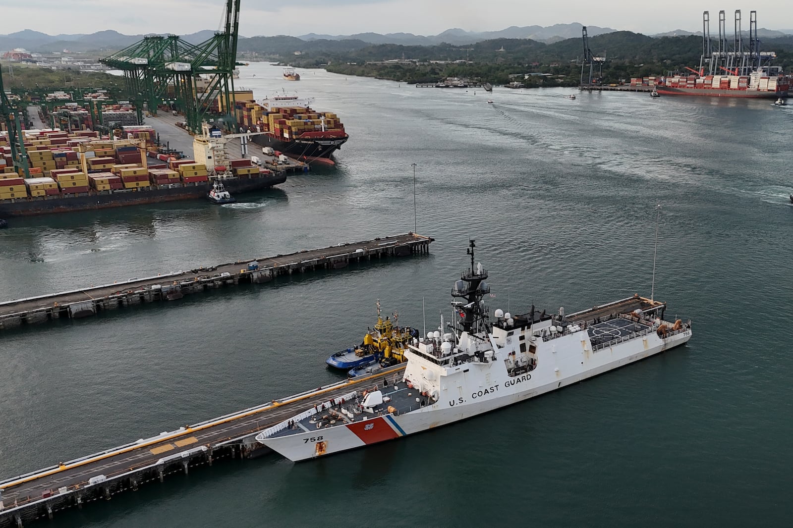 A U.S. Coast Guard ship docks in a naval base along the Panama Canal in Panama City, Thursday, March 13, 2025. (AP Photo/Matias Delacroix)