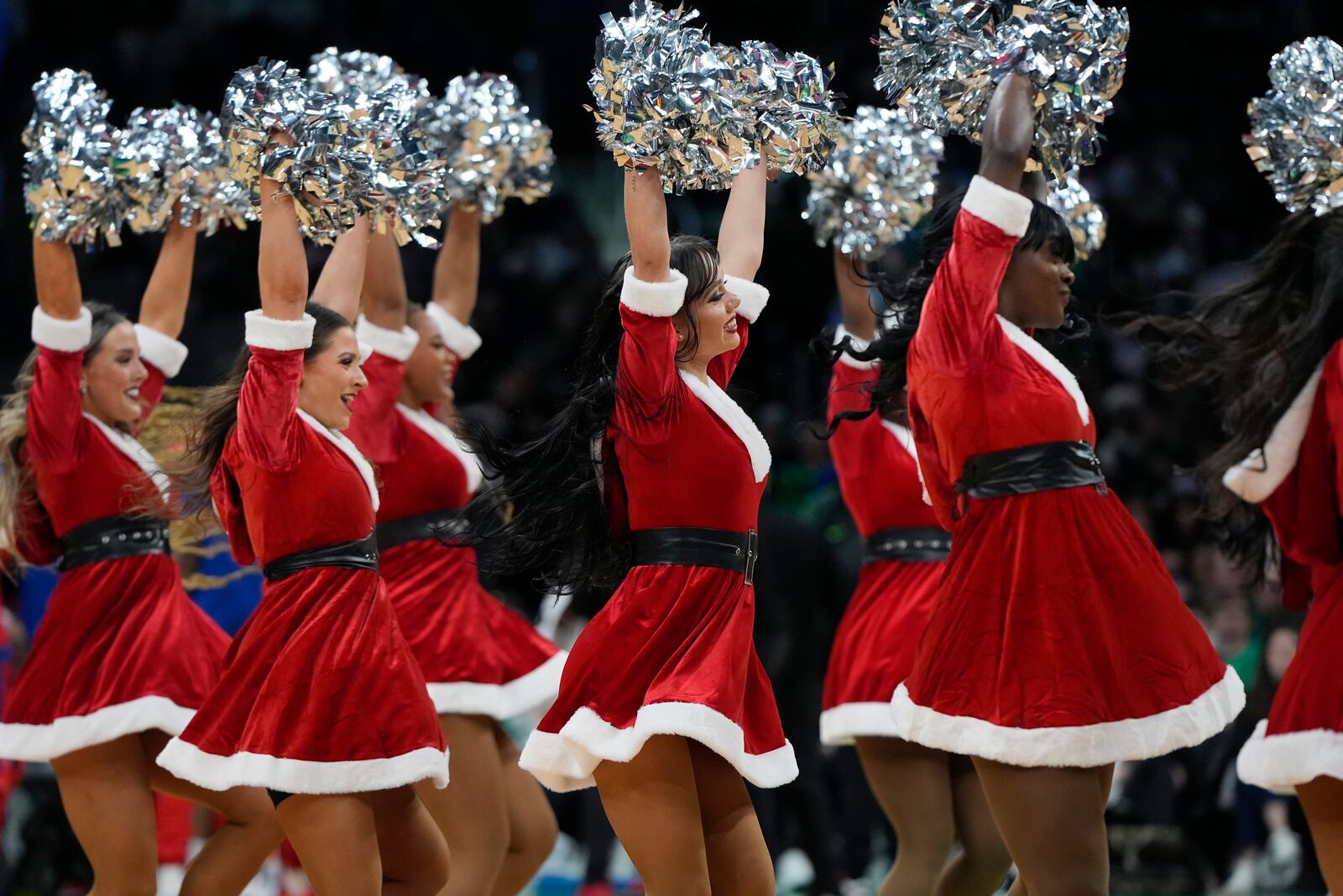 The Boston Celtics cheerleaders perform during the first half of an NBA basketball game between the Boston Celtics and the Philadelphia 76ers, Wednesday, Dec. 25, 2024, in Boston (AP Photo/Michael Dwyer)