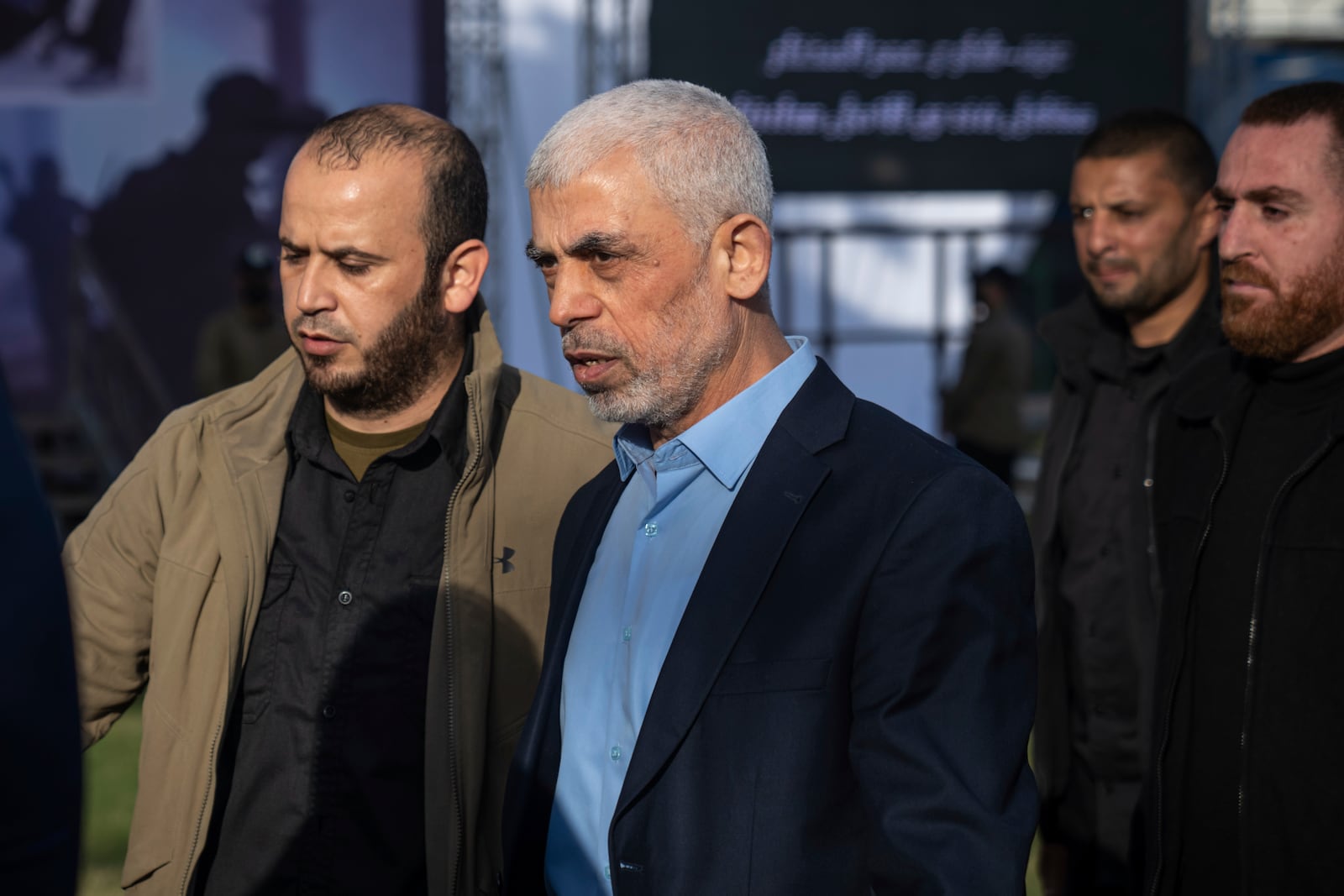 FILE - Yehiyeh Sinwar, head of Hamas in Gaza, attends a rally marking "Jerusalem Day," or Al-Quds Day, an annual celebration to support Palestinians in the holy city, at a soccer filed in Gaza City, on April 14, 2023. (AP Photo/Fatima Shbair, File)